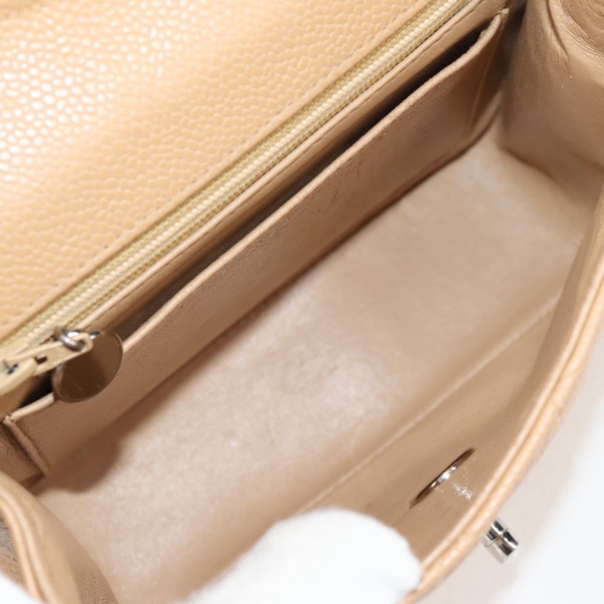 CHANEL Mini Matelasse 17 Chain Shoulder Bag Caviar Skin Beige CC Auth 138560V