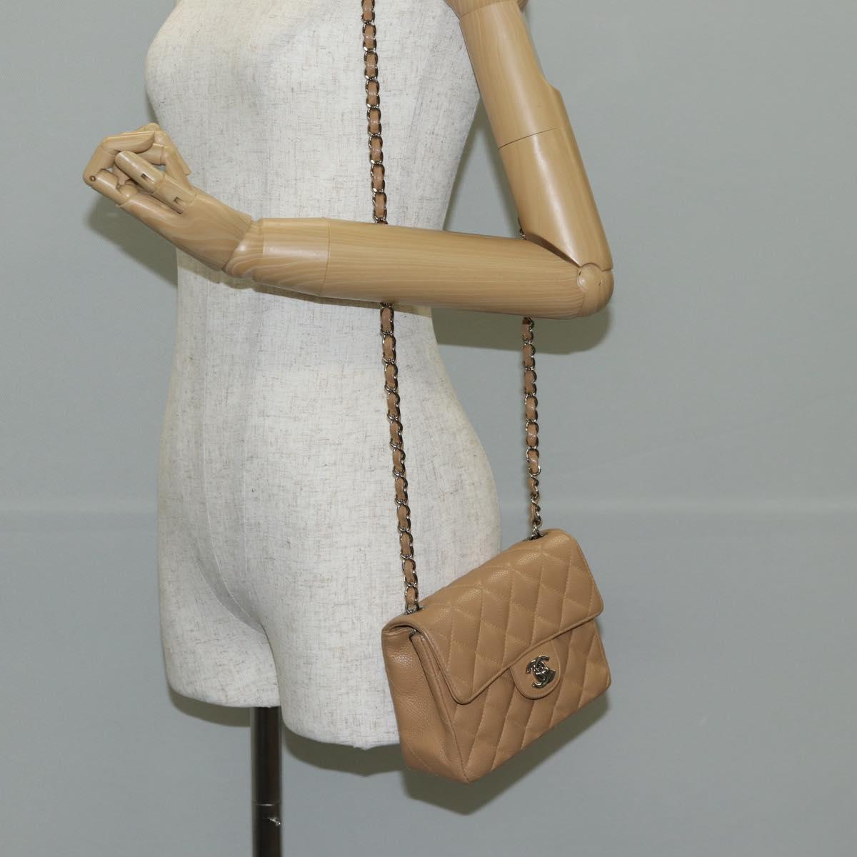 CHANEL Mini Matelasse 17 Chain Shoulder Bag Caviar Skin Beige CC Auth 138560V