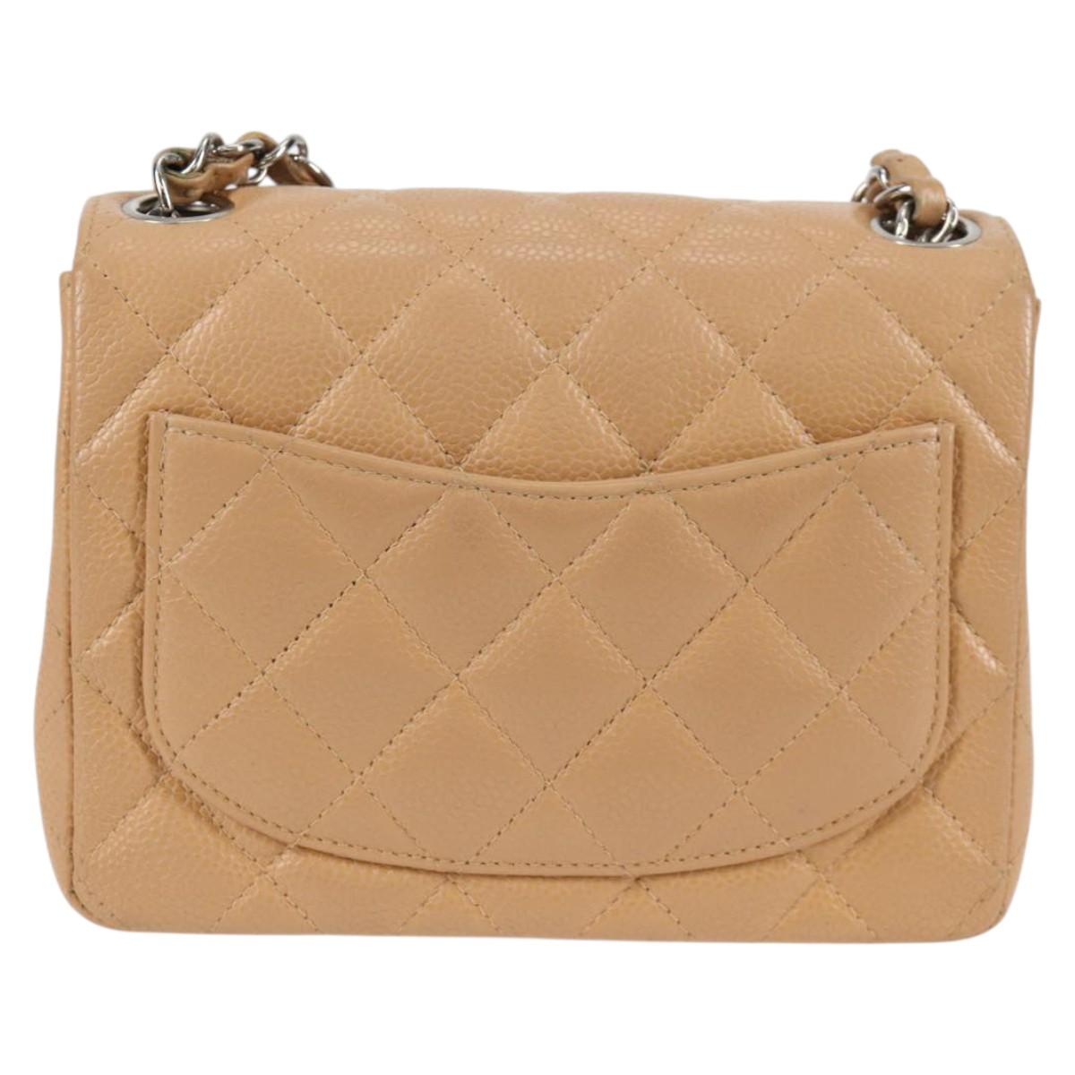 CHANEL Mini Matelasse 17 Chain Shoulder Bag Caviar Skin Beige CC Auth 138560V