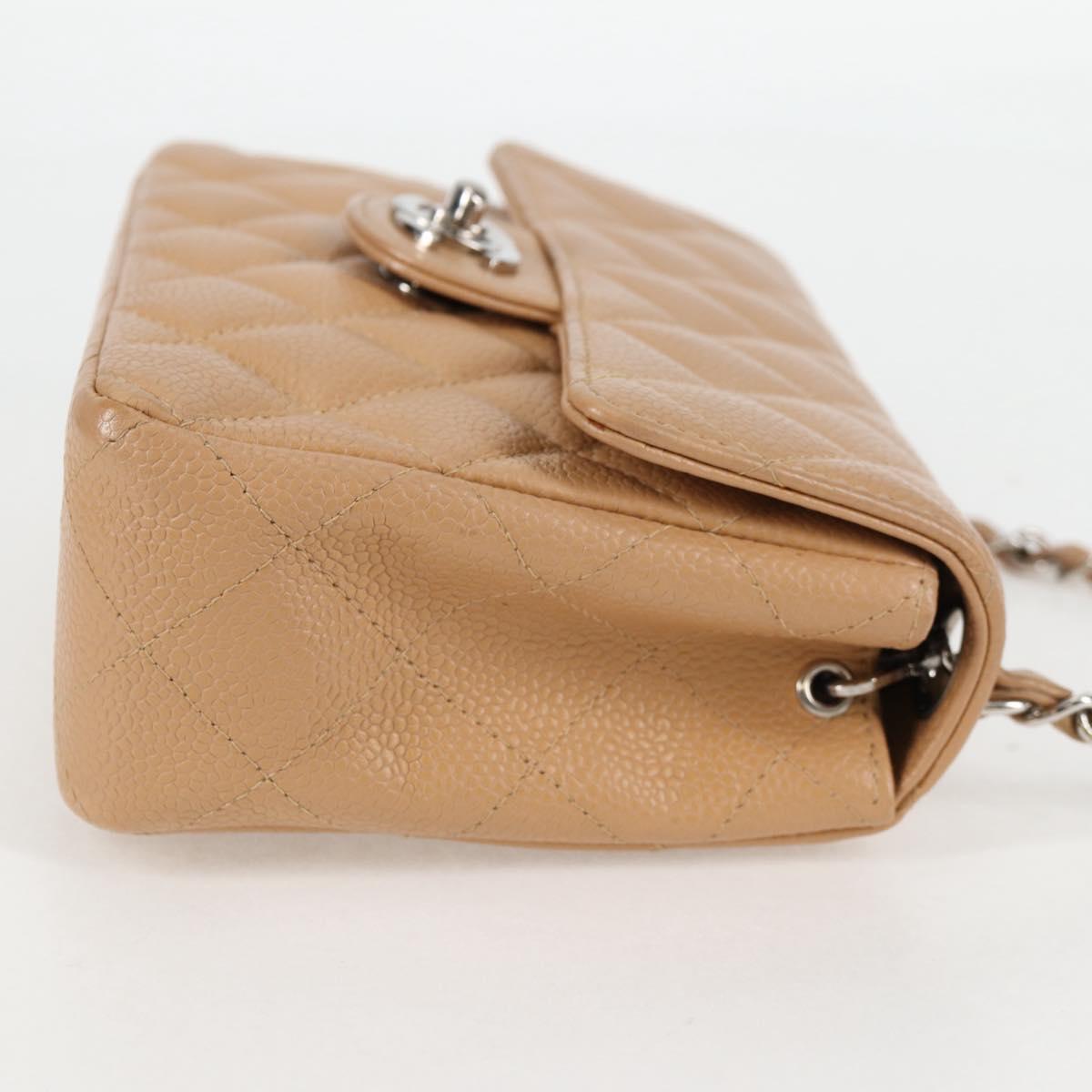 CHANEL Mini Matelasse 17 Chain Shoulder Bag Caviar Skin Beige CC Auth 138560V