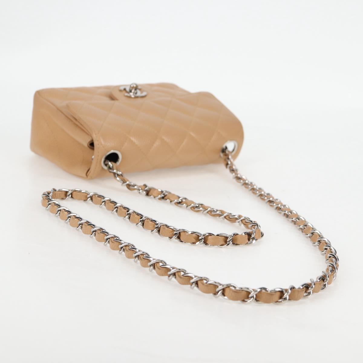 CHANEL Mini Matelasse 17 Chain Shoulder Bag Caviar Skin Beige CC Auth 138560V