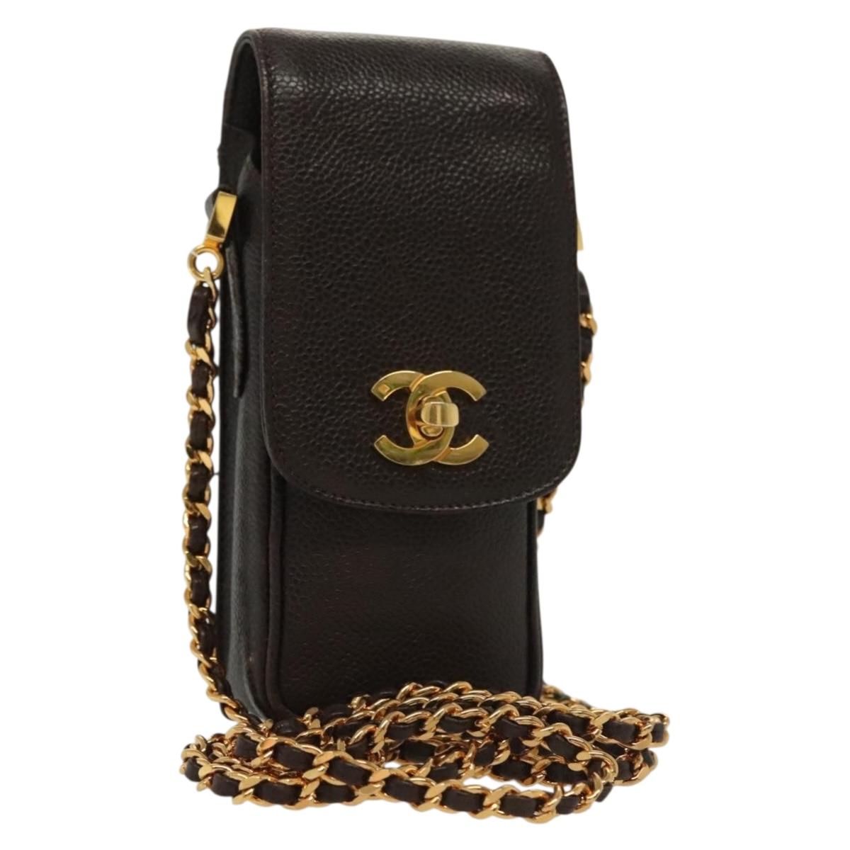 CHANEL Chain Shoulder Bag Caviar Skin Brown Gold CC Auth 138561