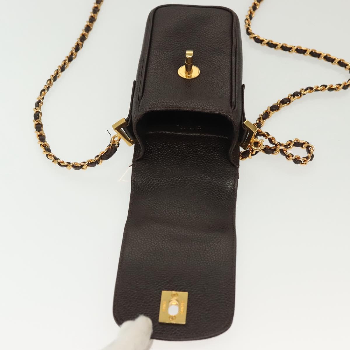CHANEL Chain Shoulder Bag Caviar Skin Brown Gold CC Auth 138561