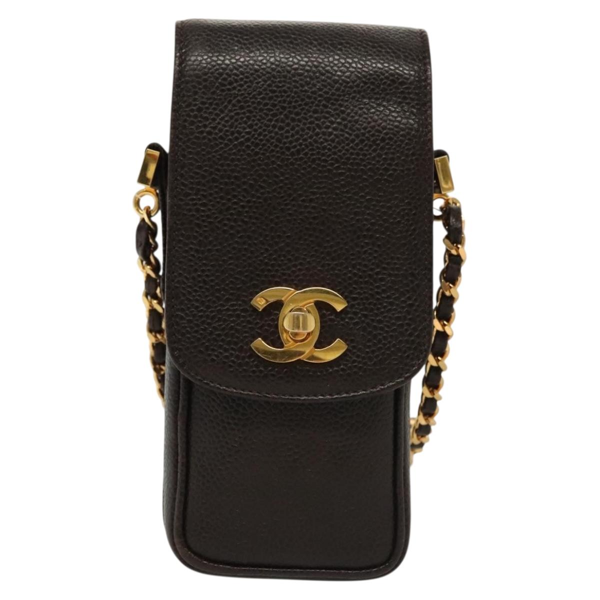 CHANEL Chain Shoulder Bag Caviar Skin Brown Gold CC Auth 138561