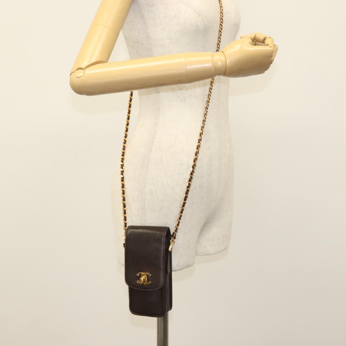 CHANEL Chain Shoulder Bag Caviar Skin Brown Gold CC Auth 138561