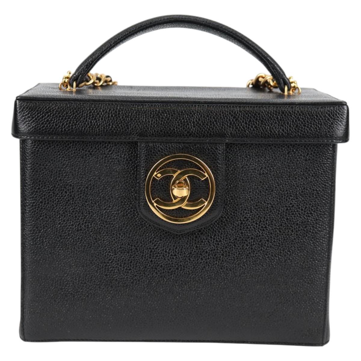 CHANEL Vanity Hand Bag Caviar Skin 2way Black Gold CC Auth 138563V