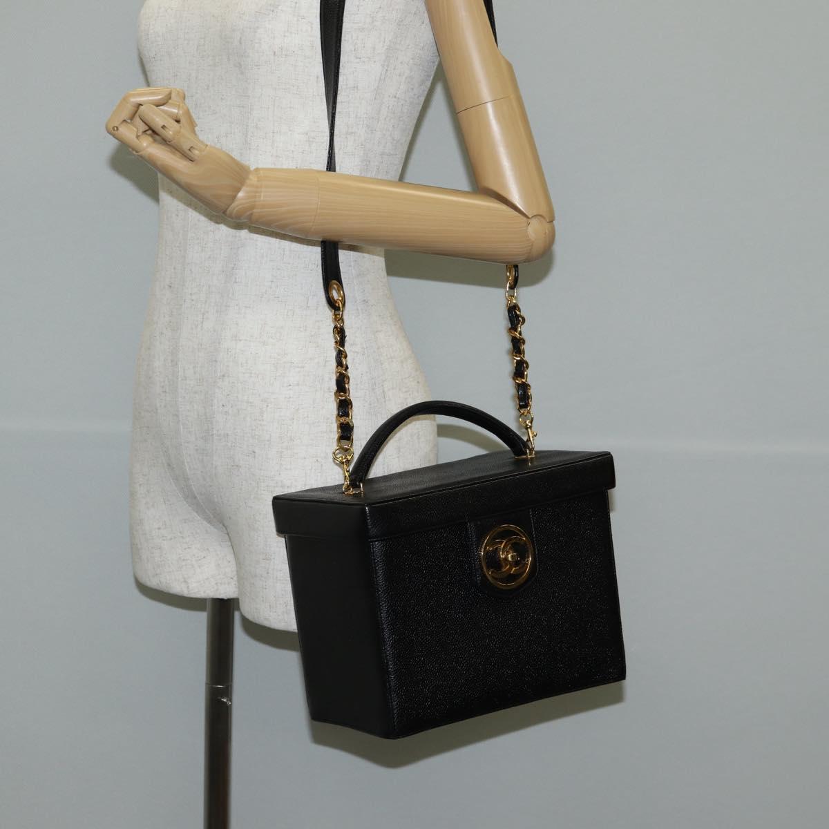 CHANEL Vanity Hand Bag Caviar Skin 2way Black Gold CC Auth 138563V
