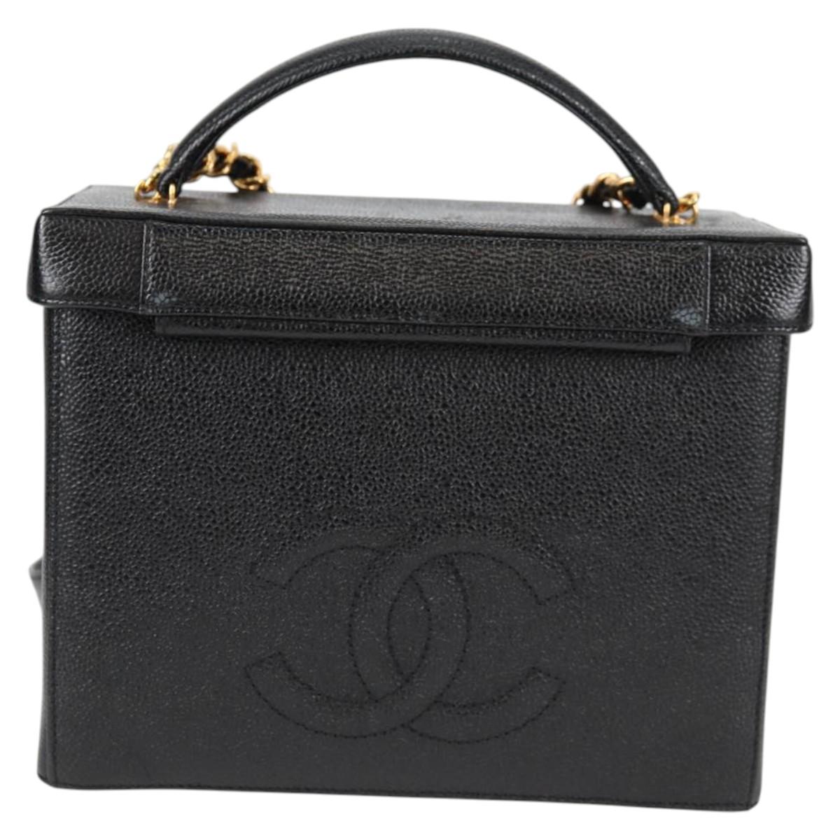CHANEL Vanity Hand Bag Caviar Skin 2way Black Gold CC Auth 138563V