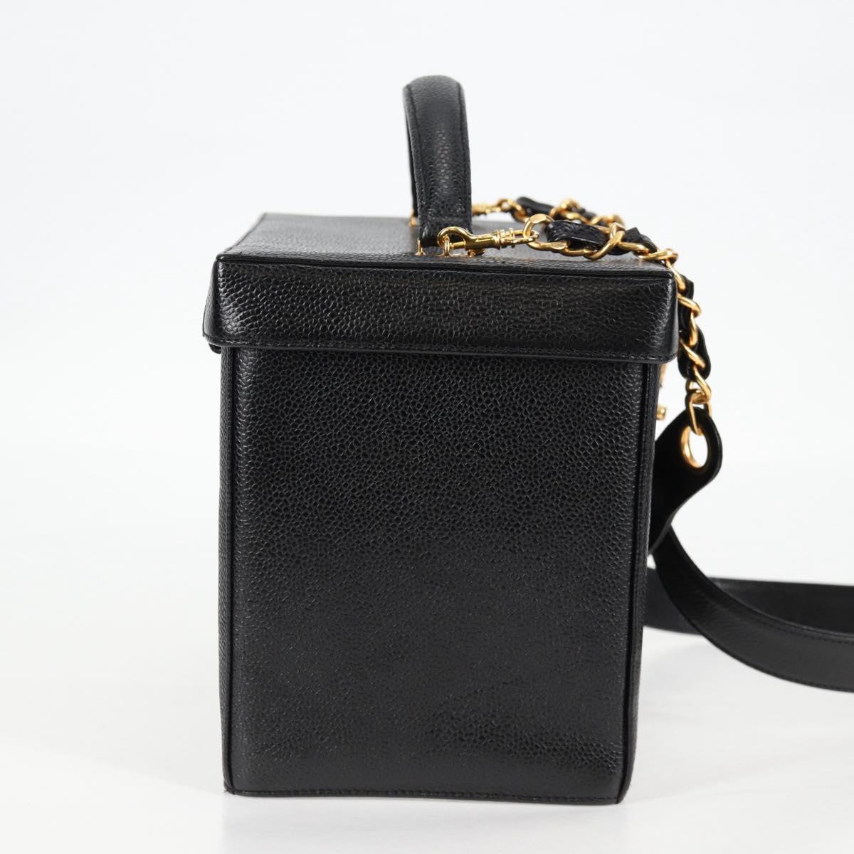 CHANEL Vanity Hand Bag Caviar Skin 2way Black Gold CC Auth 138563V