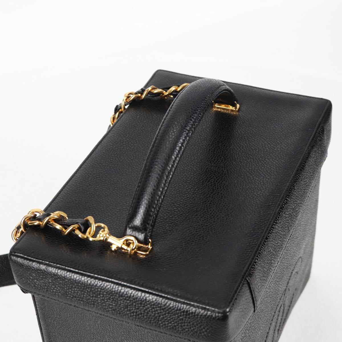 CHANEL Vanity Hand Bag Caviar Skin 2way Black Gold CC Auth 138563V