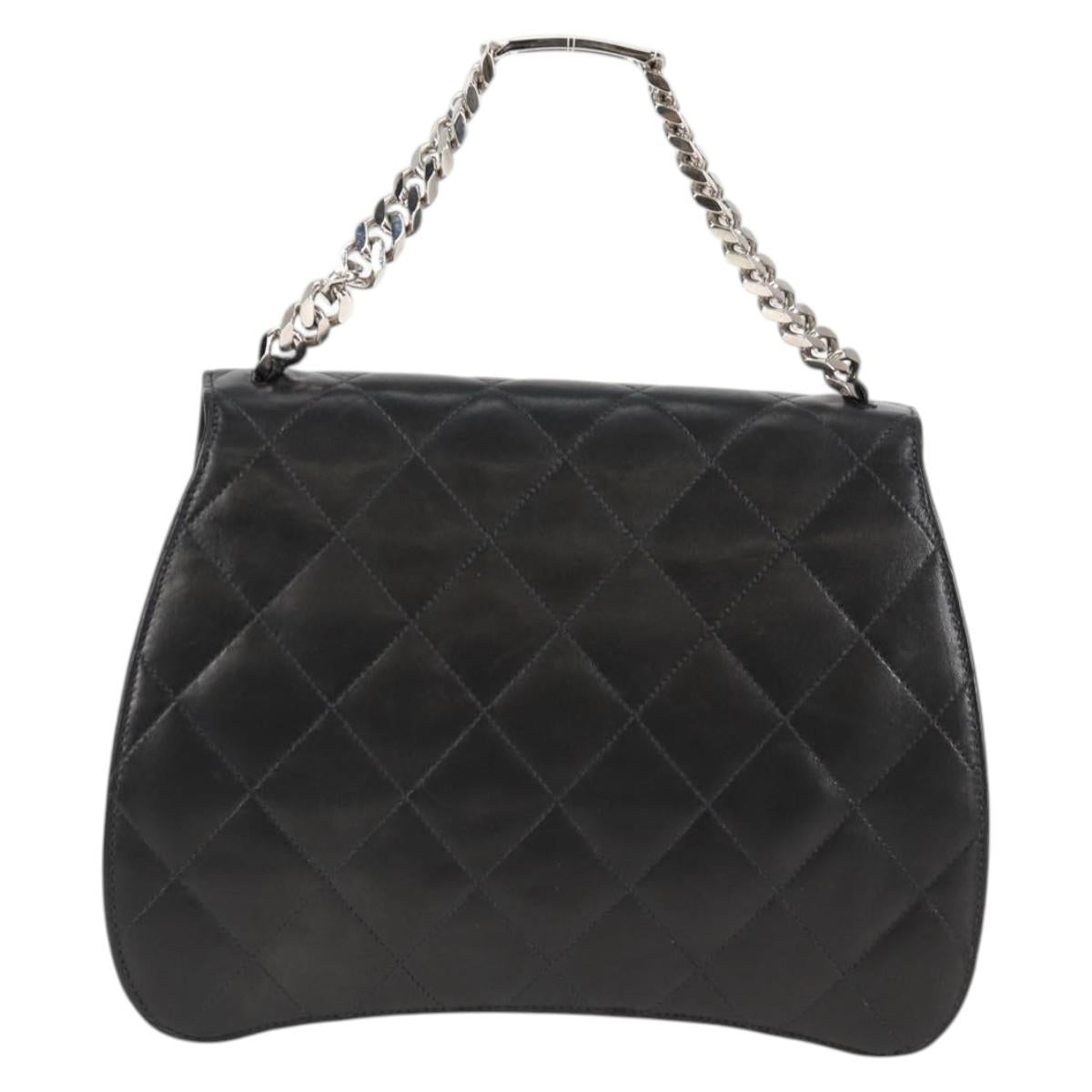 CHANEL Chain Hand Bag Lamb Skin Black Silver CC Auth 138566V