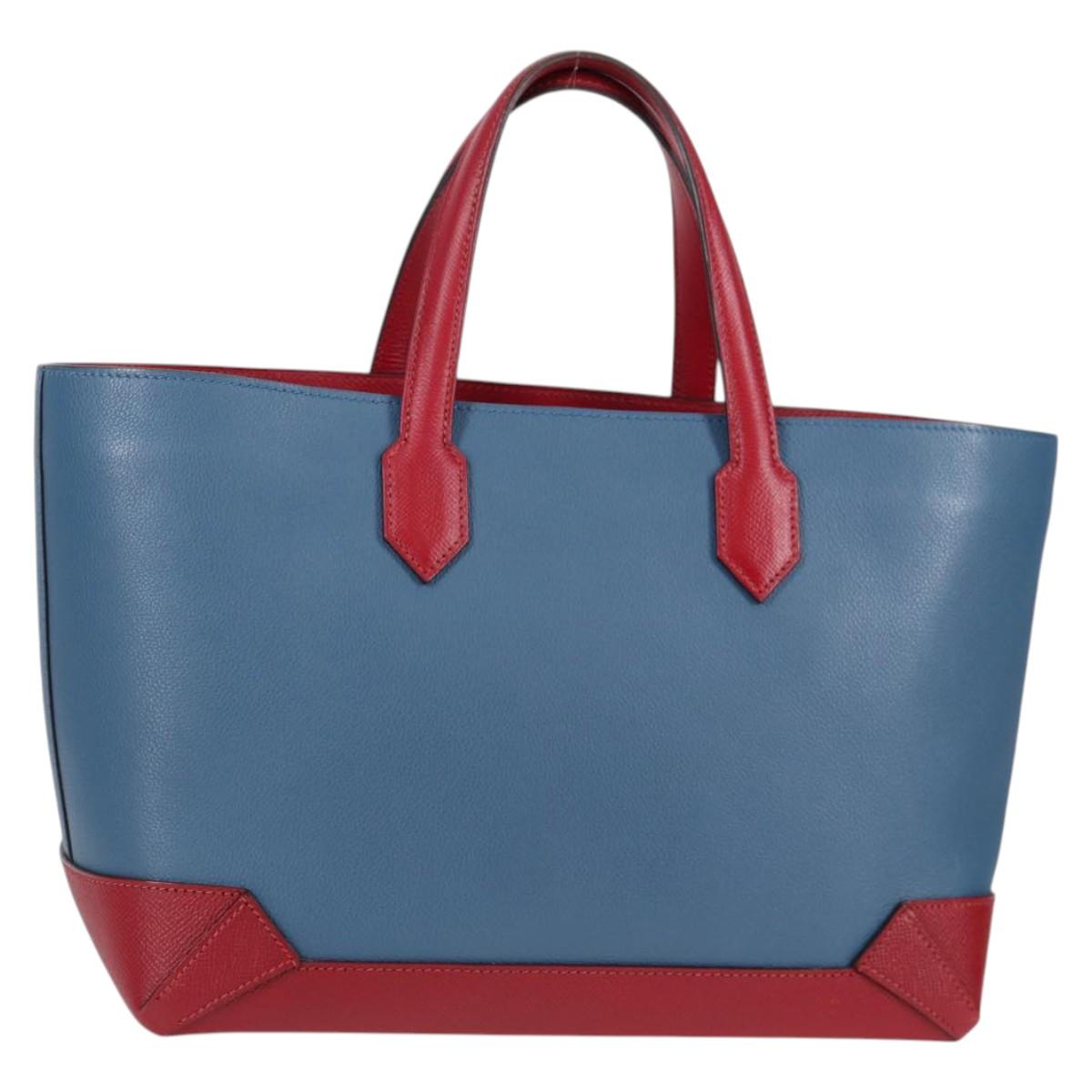 HERMES Maxi Box Cabas 30 Hand Bag Leather Blue Silver Auth 138569V