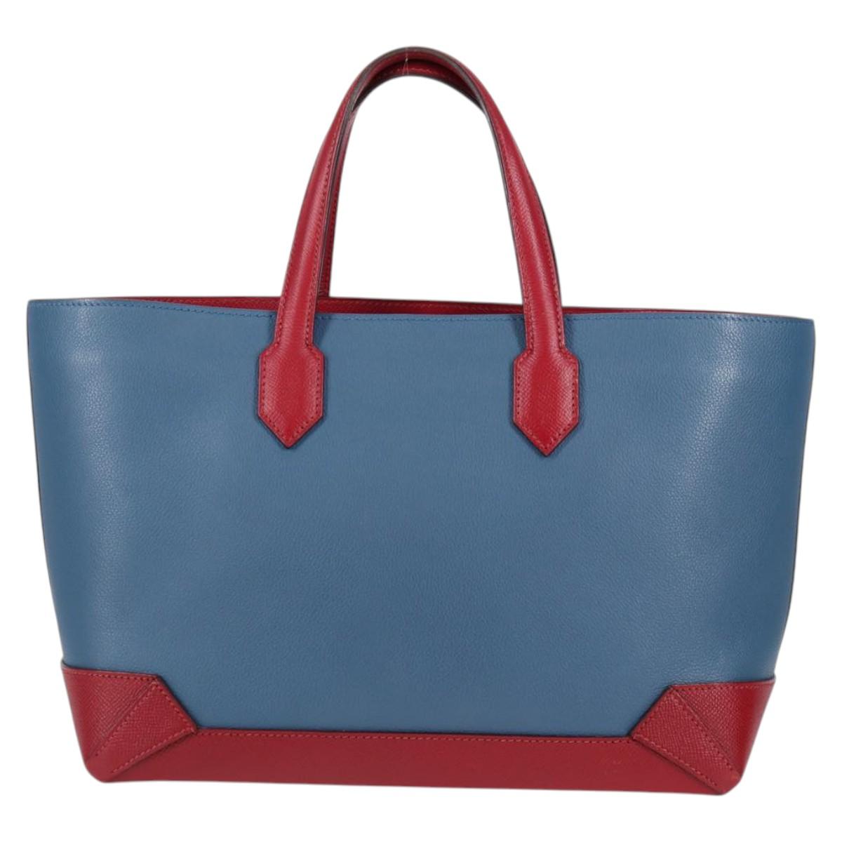 HERMES Maxi Box Cabas 30 Hand Bag Leather Blue Silver Auth 138569V