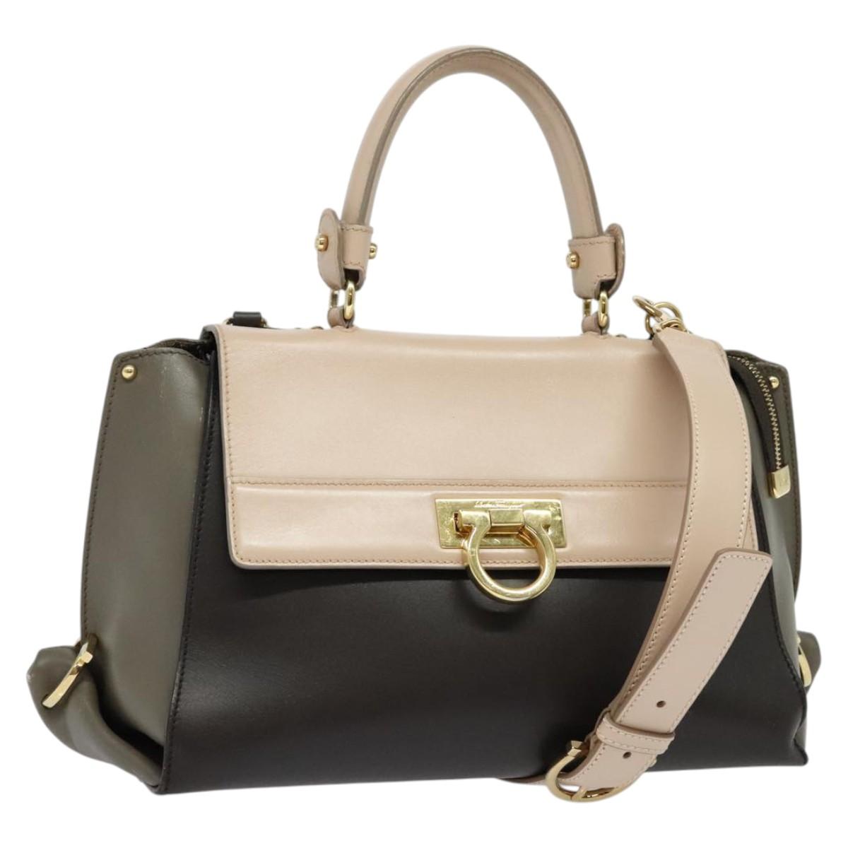 Salvatore Ferragamo Gancini Sophia Hand Bag Leather 2way Brown Gold Auth 138628