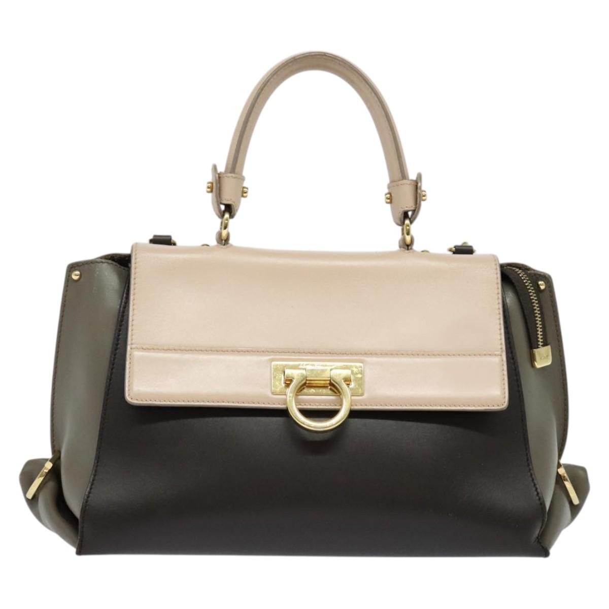 Salvatore Ferragamo Gancini Sophia Hand Bag Leather 2way Brown Gold Auth 138628