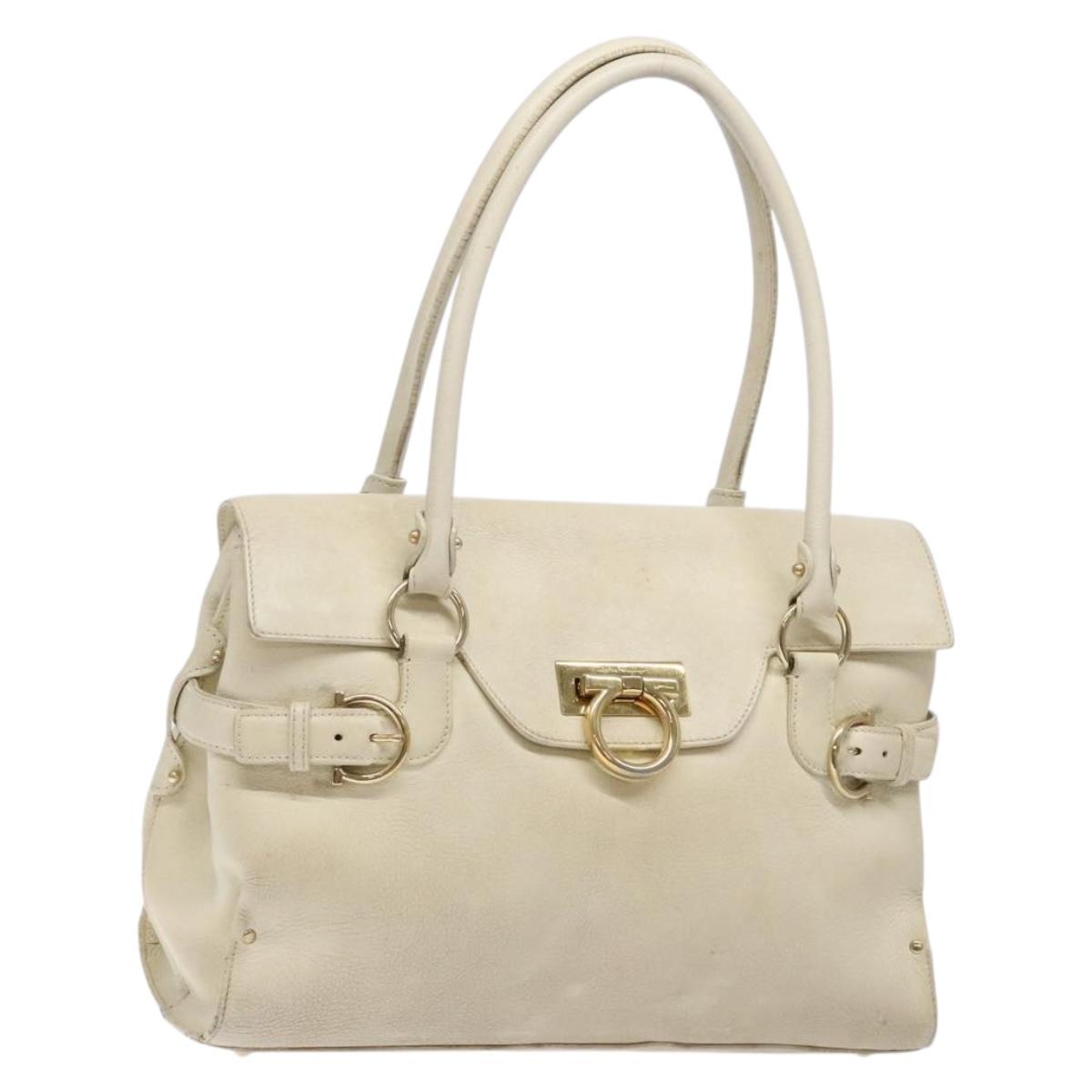 Salvatore Ferragamo Gancini Hand Bag Leather White Gold Auth 138629