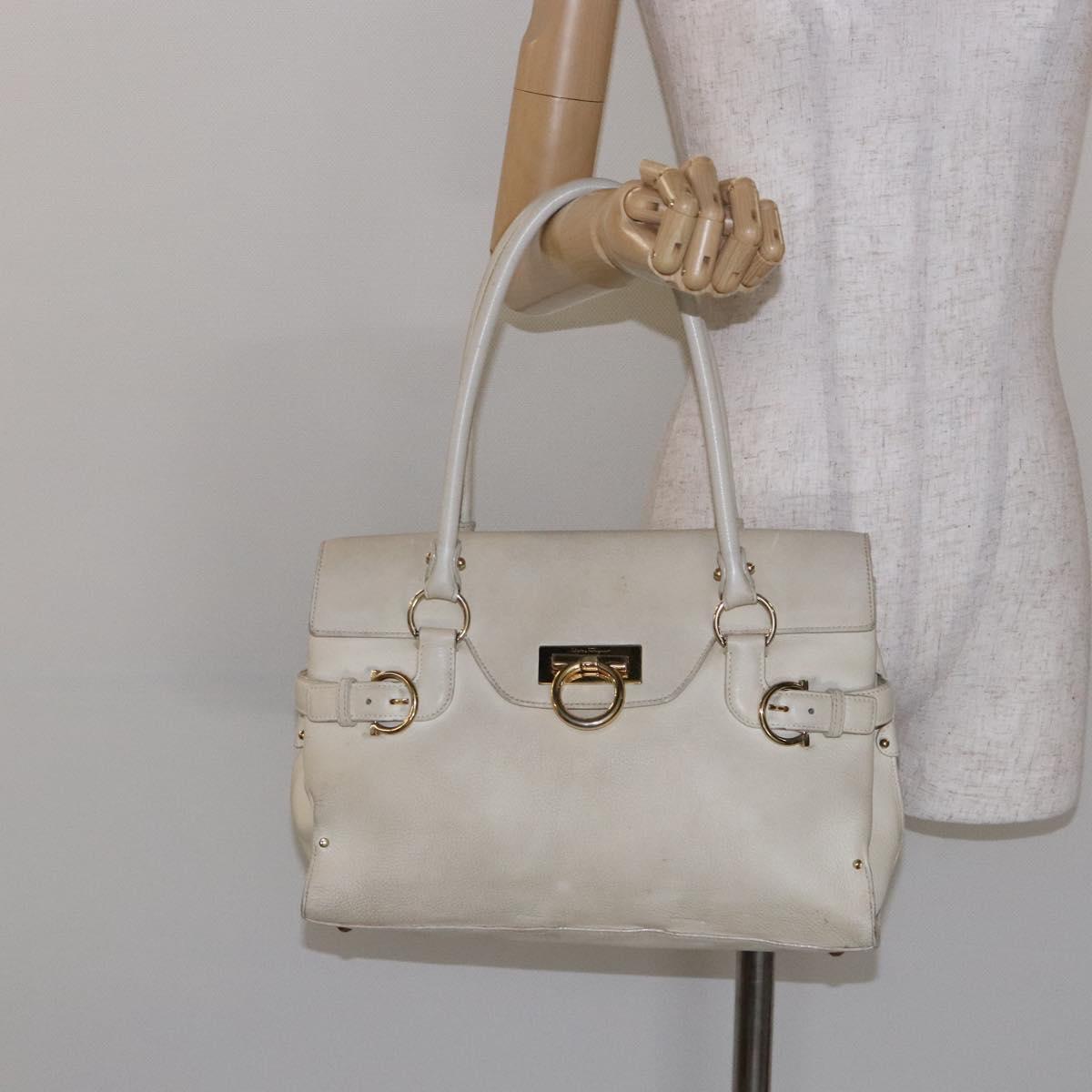 Salvatore Ferragamo Gancini Hand Bag Leather White Gold Auth 138629