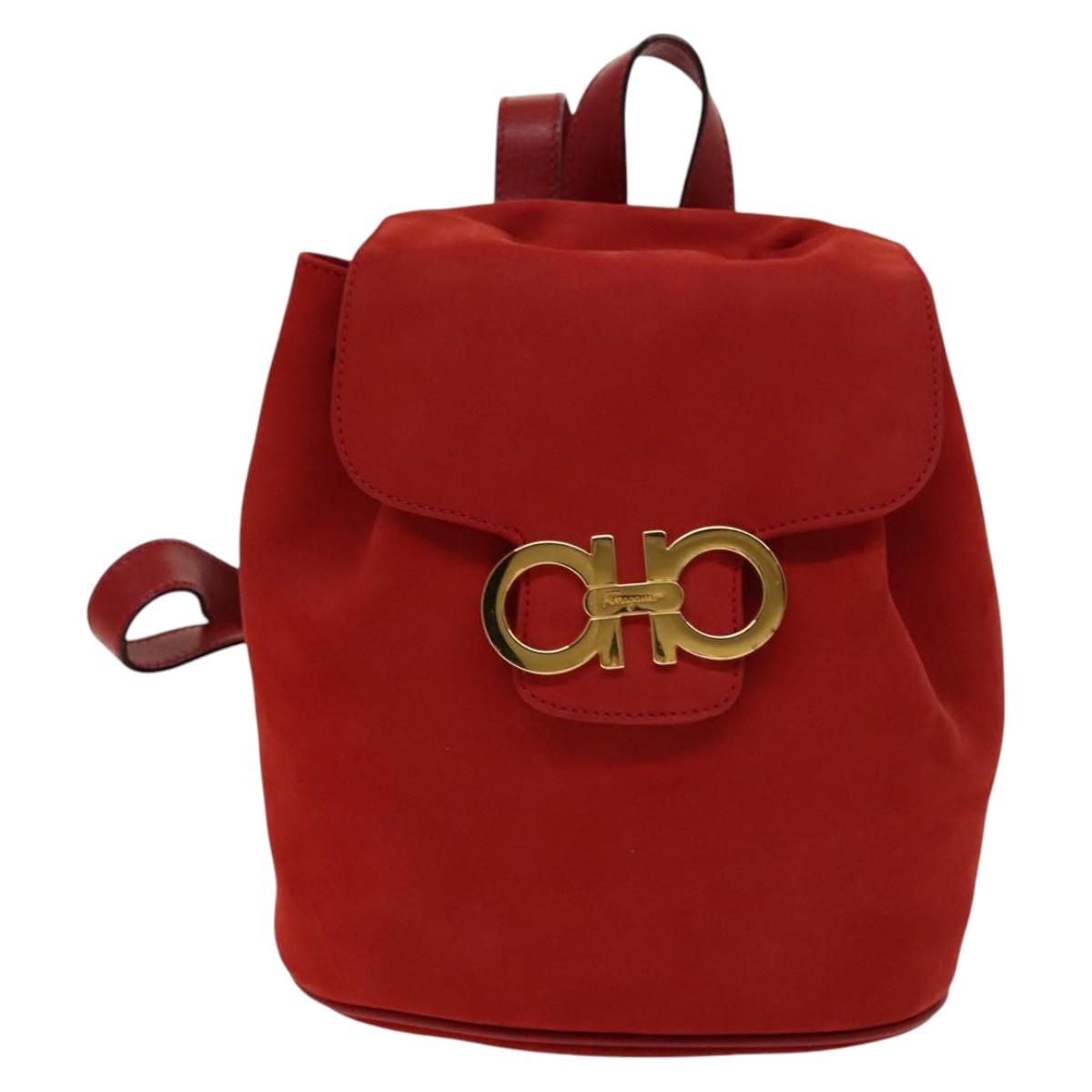 Salvatore Ferragamo Gancini Backpack Suede Red Gold Auth 138631