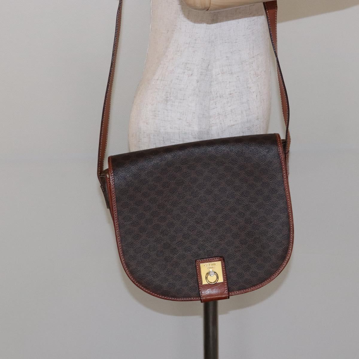CELINE Macadam Canvas Shoulder Bag PVC Leather Brown Gold Auth 138815