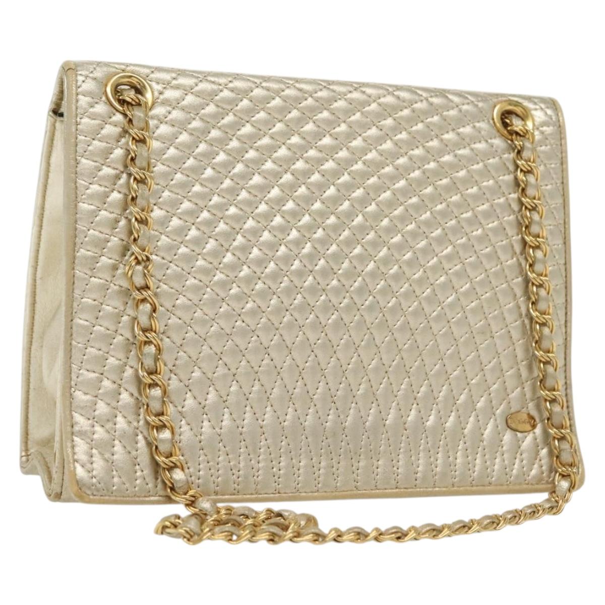 BALLY Chain Shoulder Bag Leather Silver Gold Auth 138830