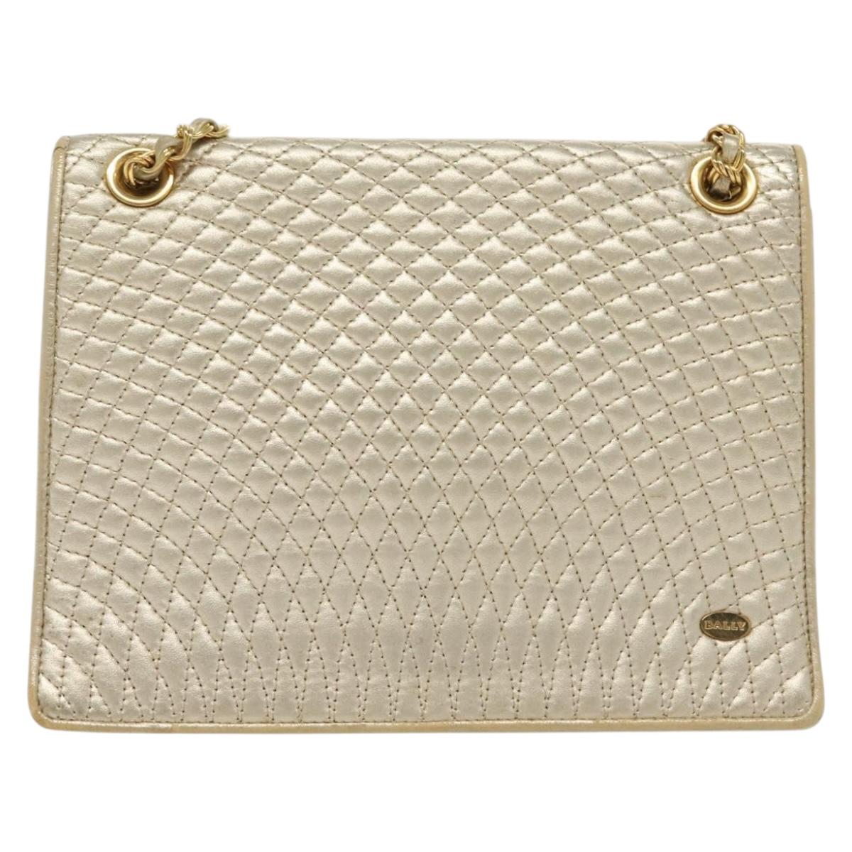 BALLY Chain Shoulder Bag Leather Silver Gold Auth 138830