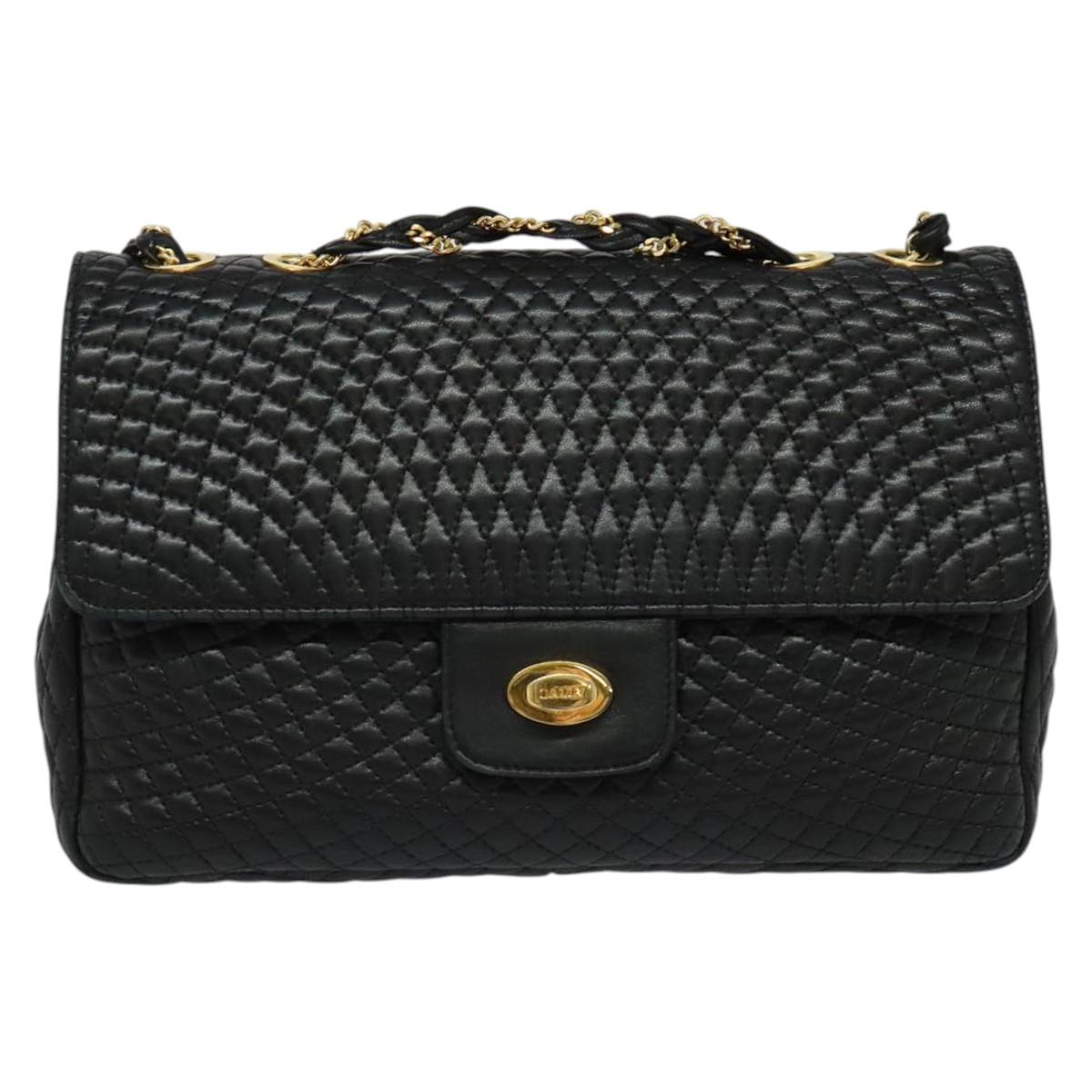 BALLY Chain Shoulder Bag Leather Black Gold Auth 138837