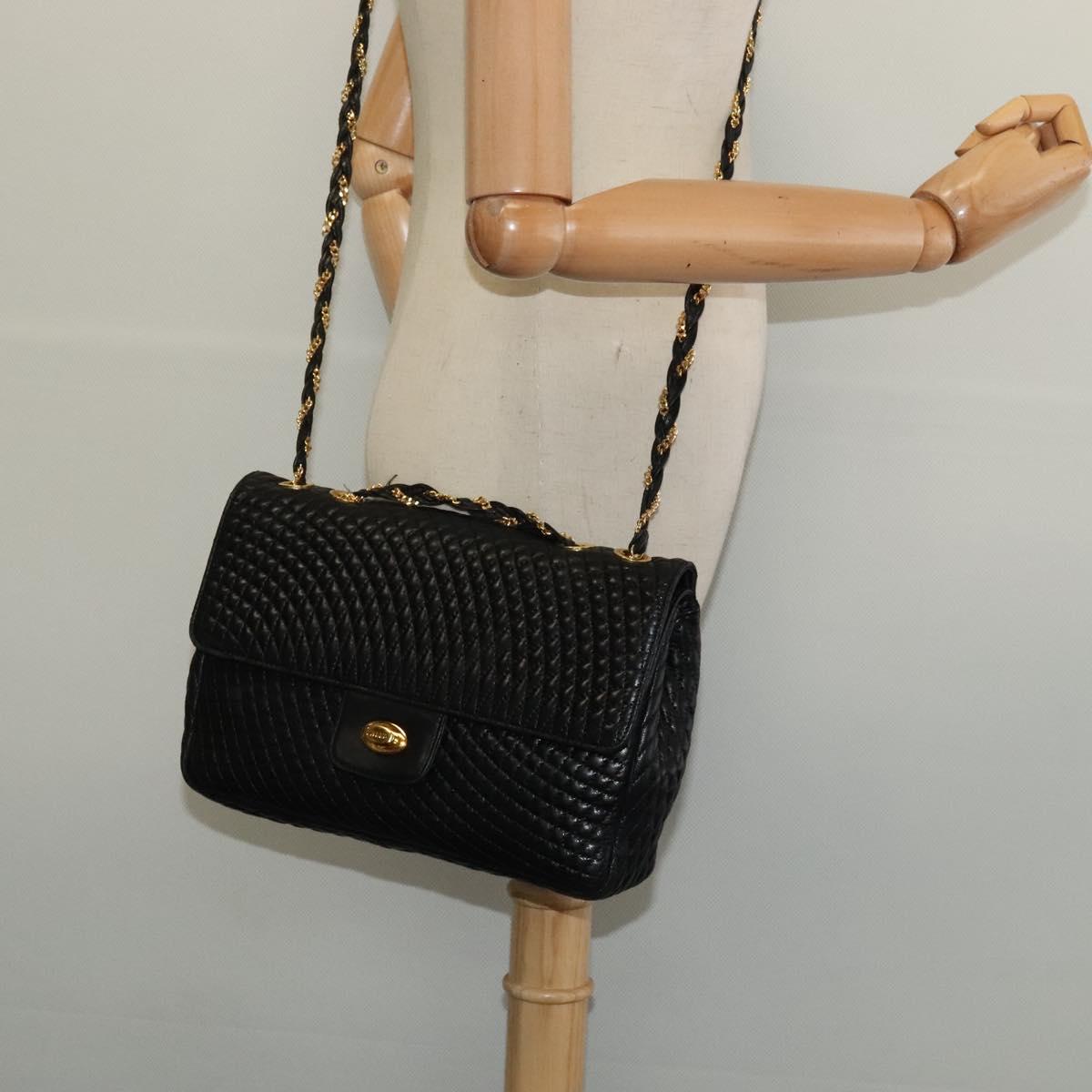 BALLY Chain Shoulder Bag Leather Black Gold Auth 138837