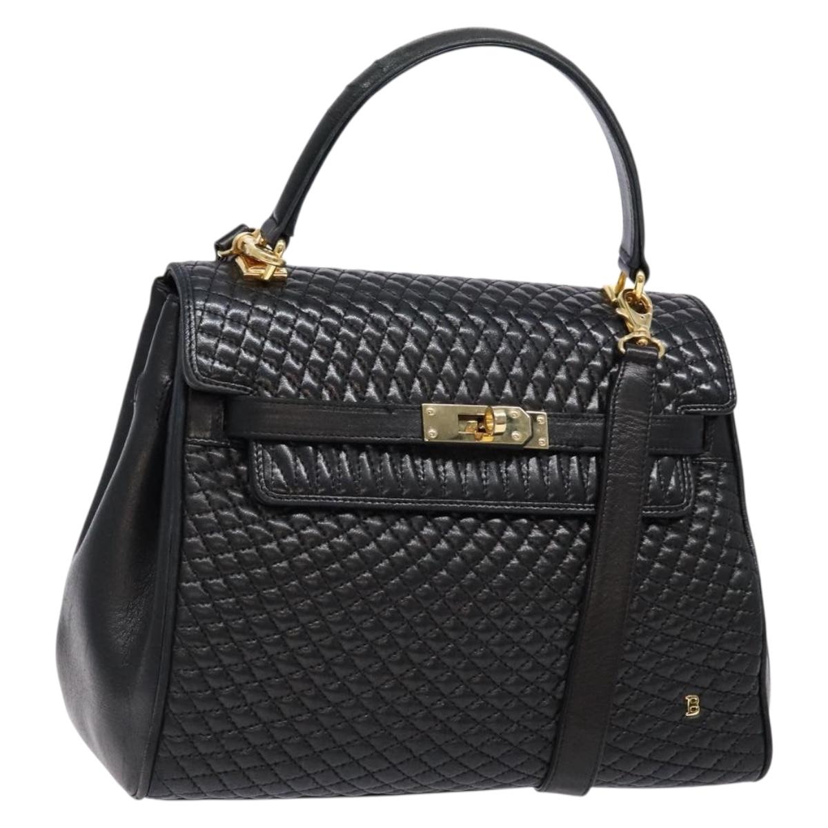BALLY Hand Bag Leather 2way Black Gold Auth 138838