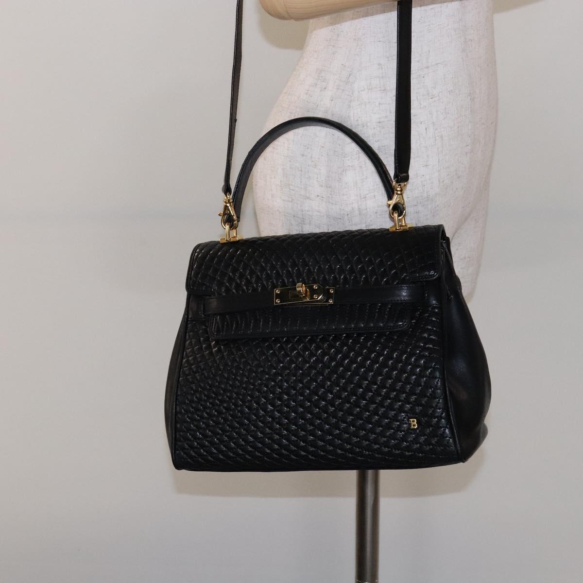 BALLY Hand Bag Leather 2way Black Gold Auth 138838