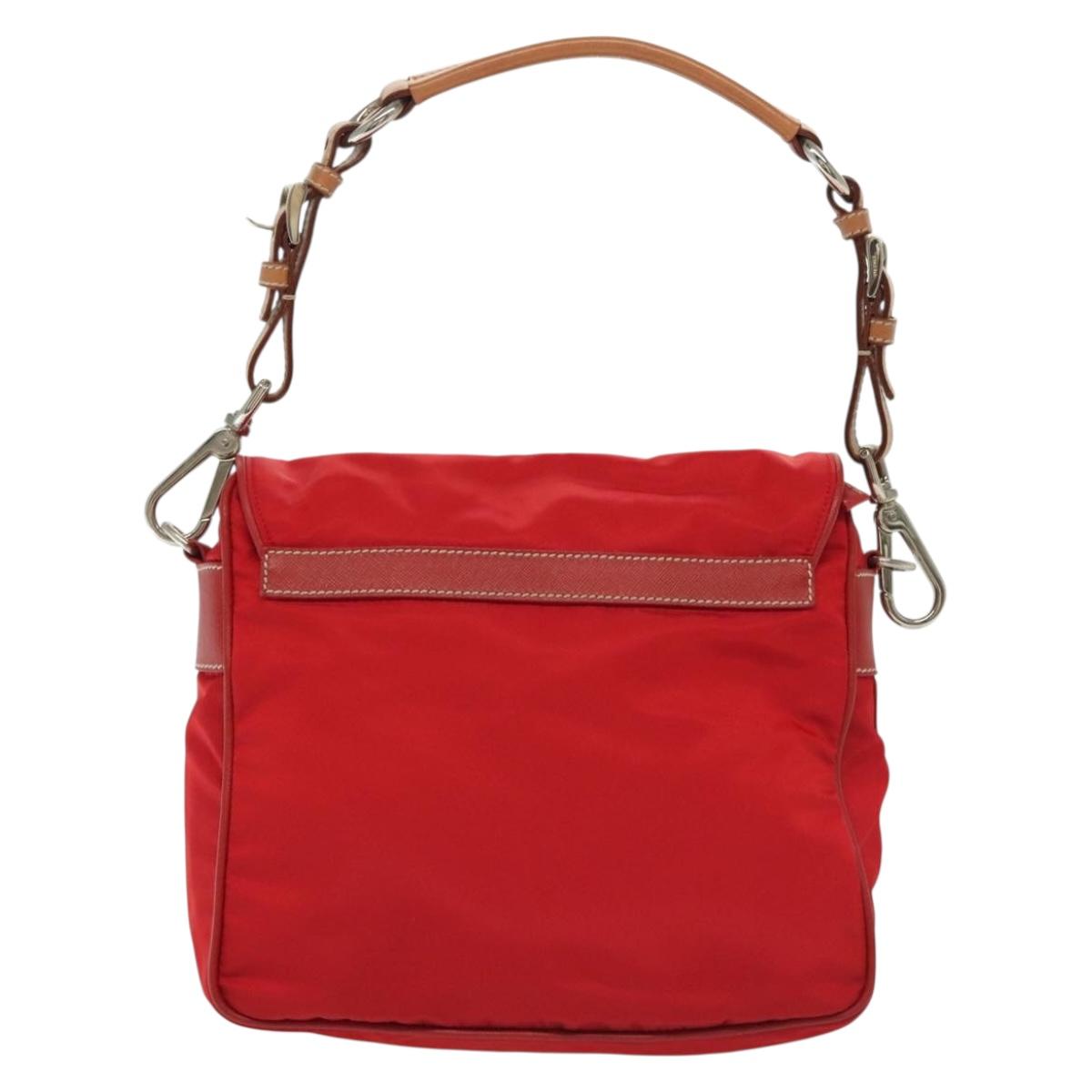 PRADA Shoulder Bag Nylon Leather Red Silver Auth 138845