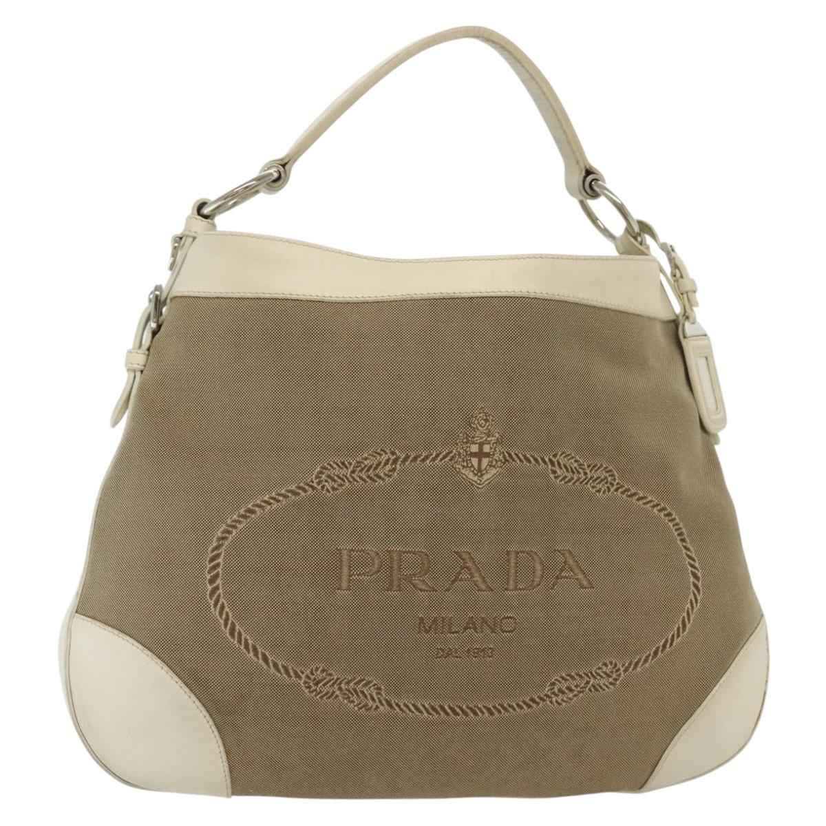 PRADA Shoulder Bag Canvas Beige Silver Auth 138851