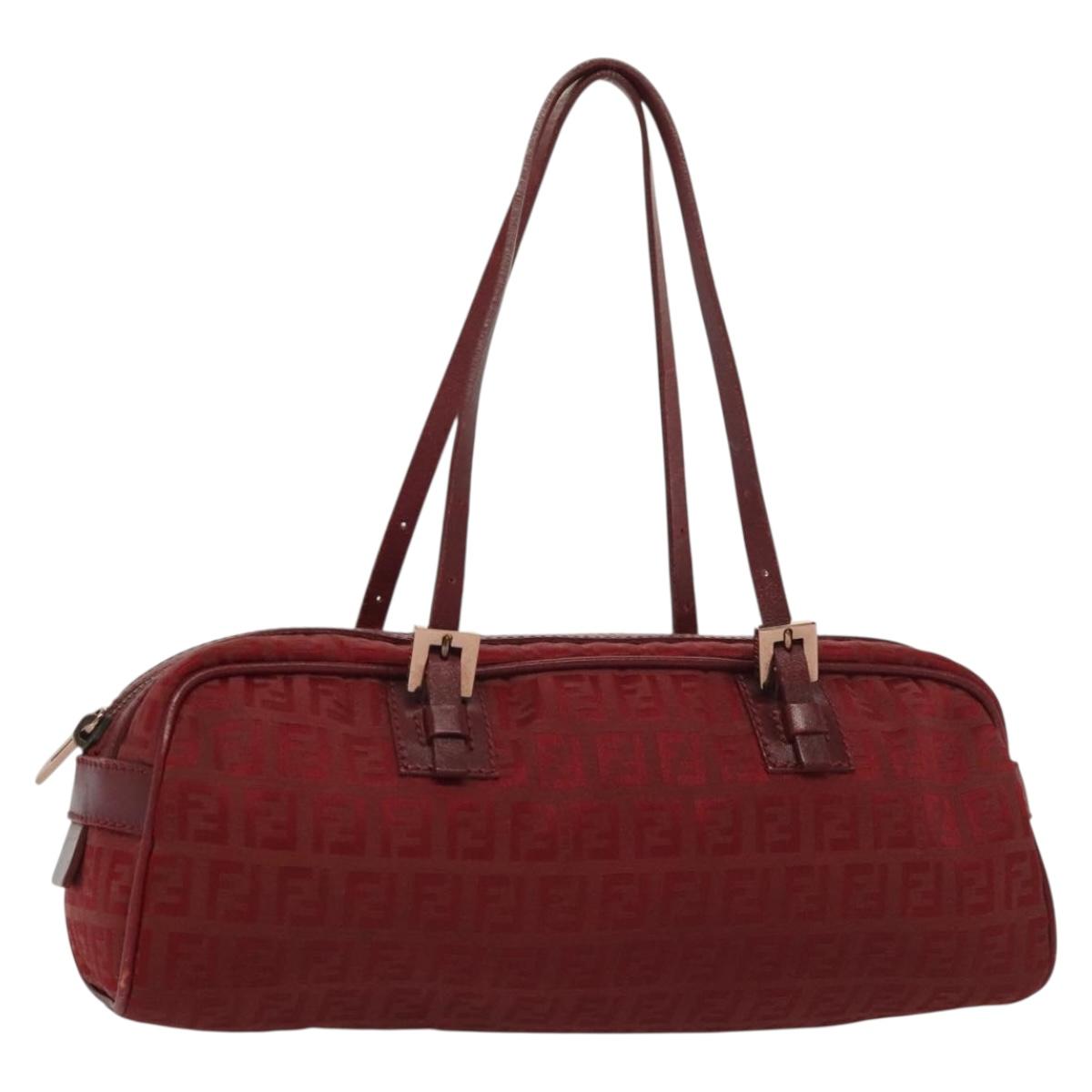 FENDI Zucchino Canvas Hand Bag Red Silver Auth 138853