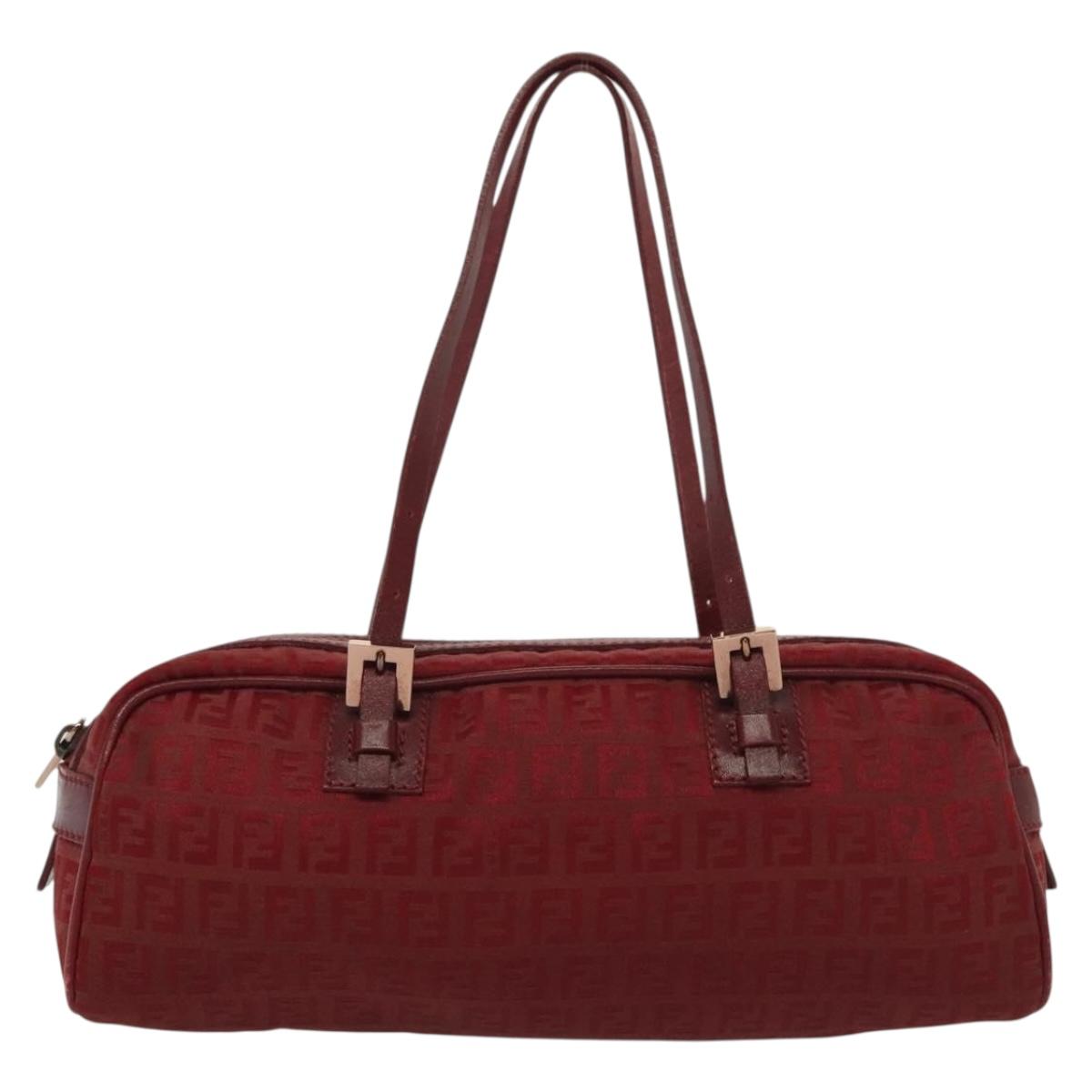 FENDI Zucchino Canvas Hand Bag Red Silver Auth 138853