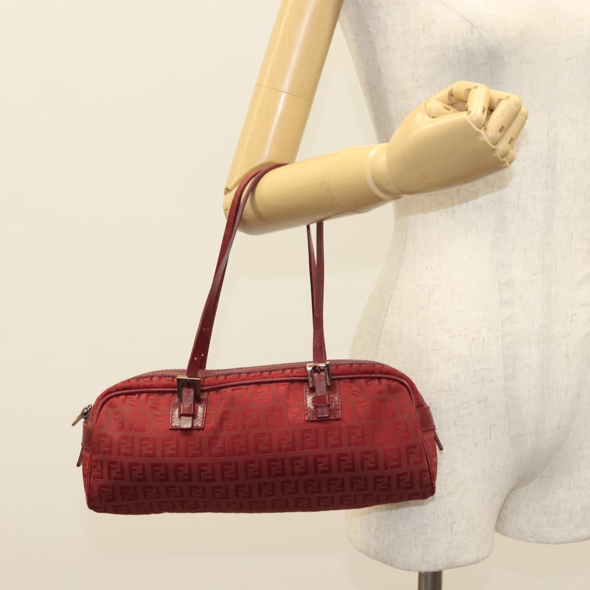 FENDI Zucchino Canvas Hand Bag Red Silver Auth 138853