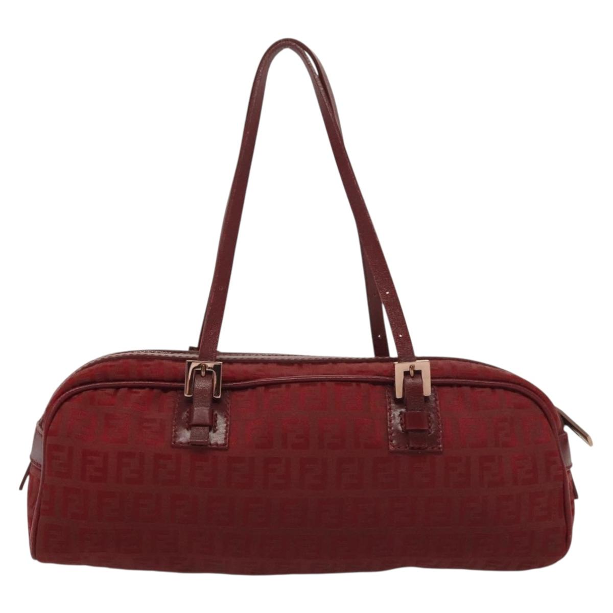 FENDI Zucchino Canvas Hand Bag Red Silver Auth 138853