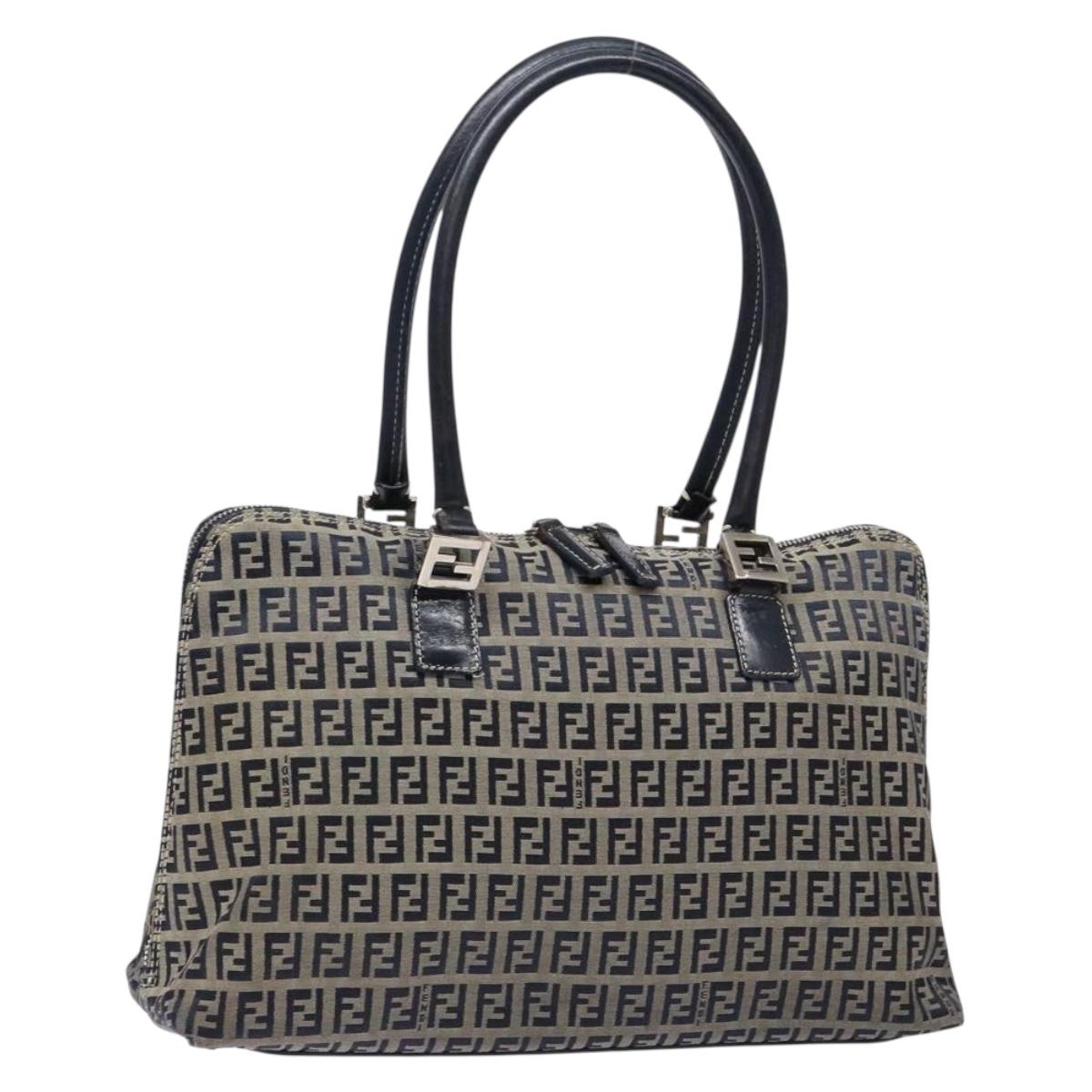 FENDI Zucchino Canvas Shoulder Bag Navy Silver Auth 138858