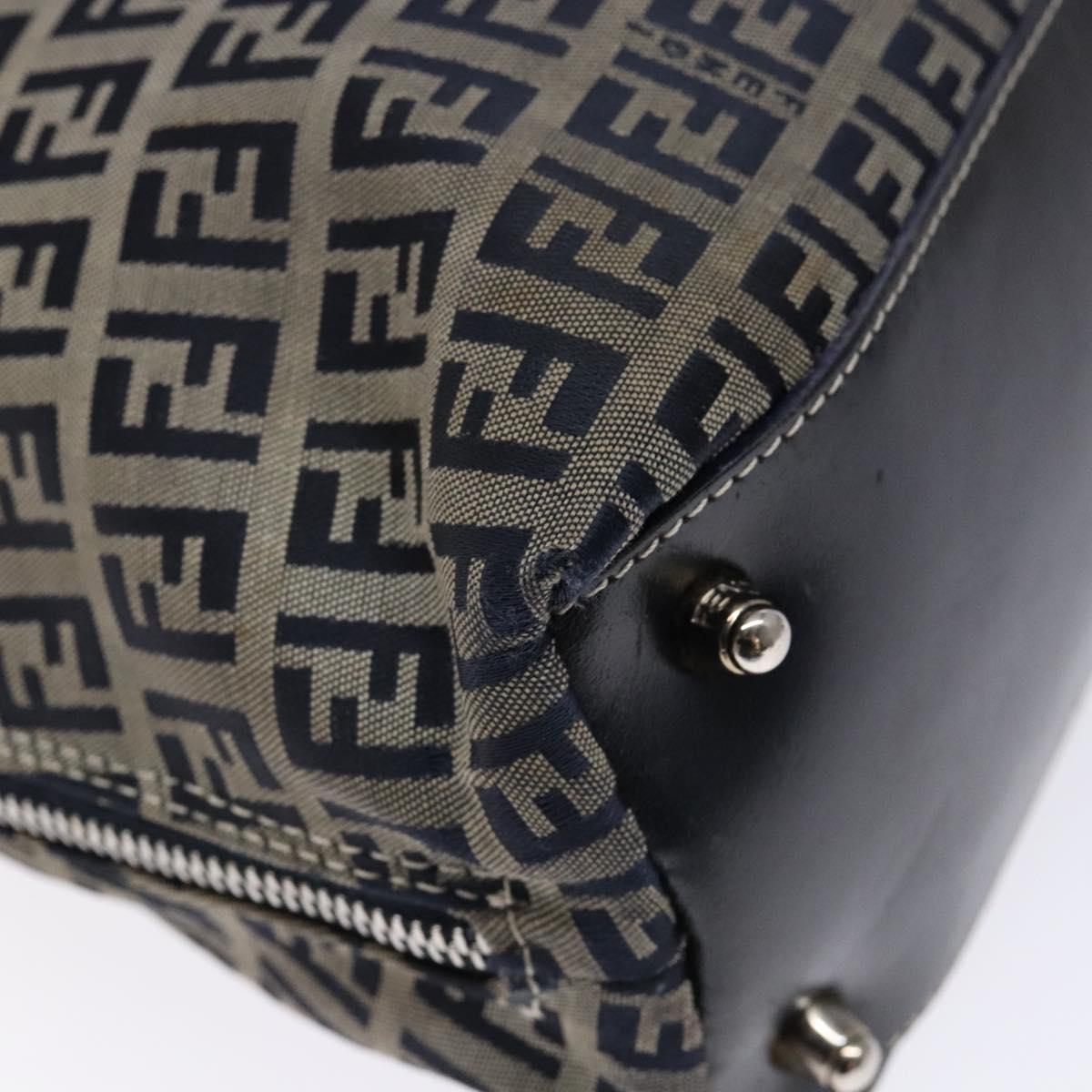 FENDI Zucchino Canvas Shoulder Bag Navy Silver Auth 138858