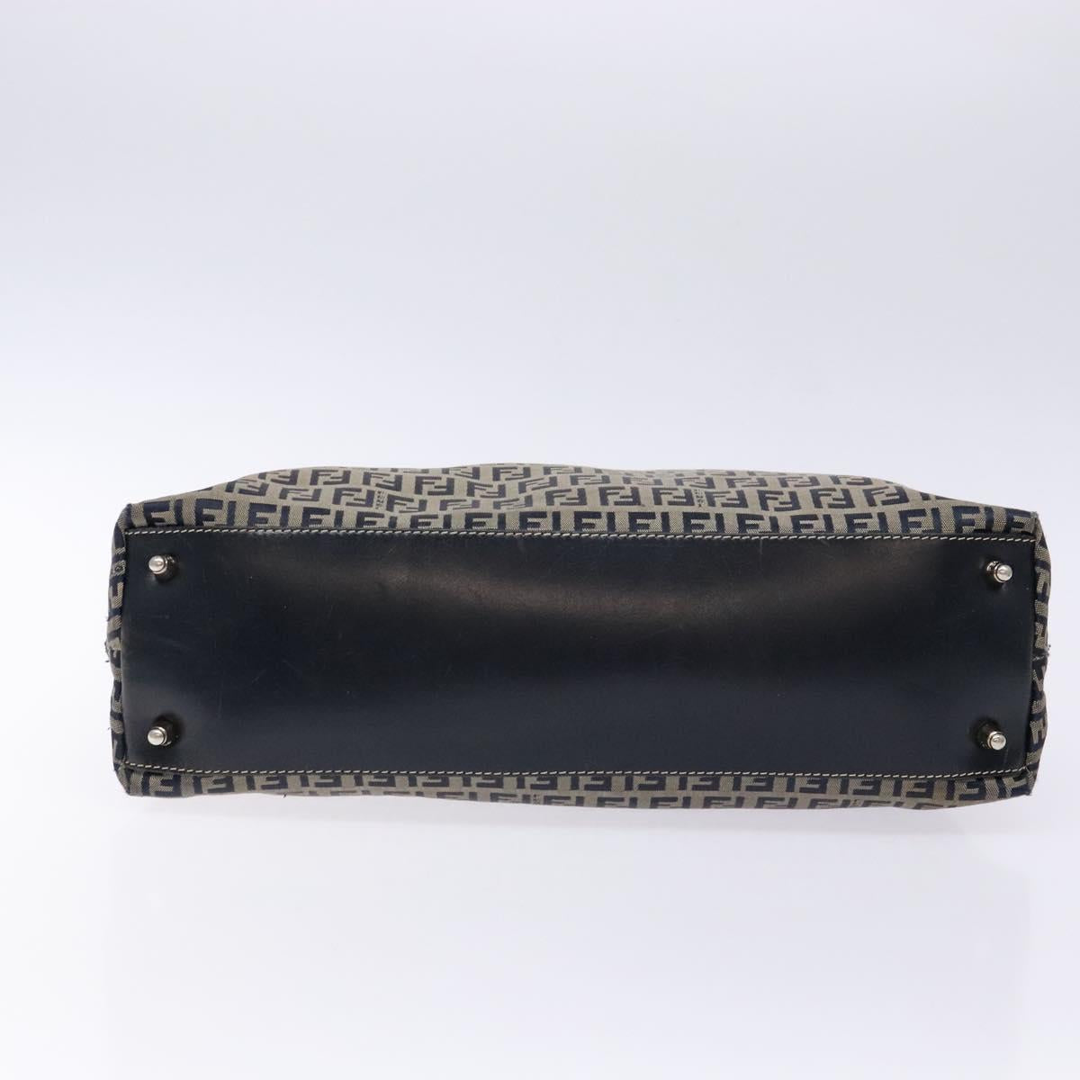 FENDI Zucchino Canvas Shoulder Bag Navy Silver Auth 138858