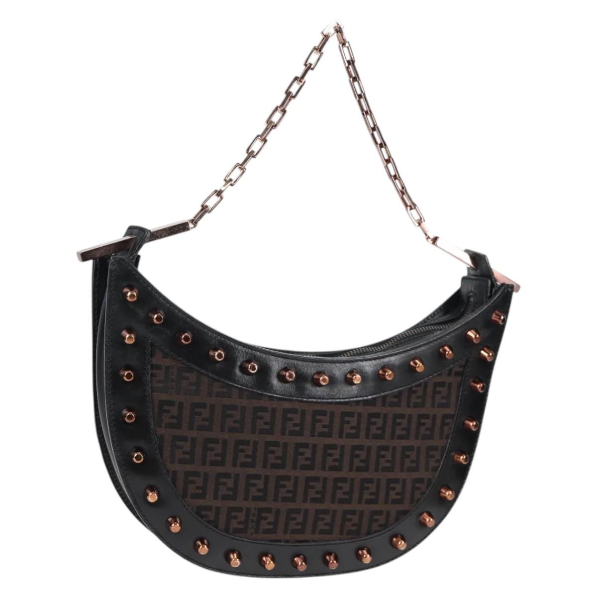 FENDI Zucchino Canvas Chain Shoulder Bag Black Brown Auth 138863V