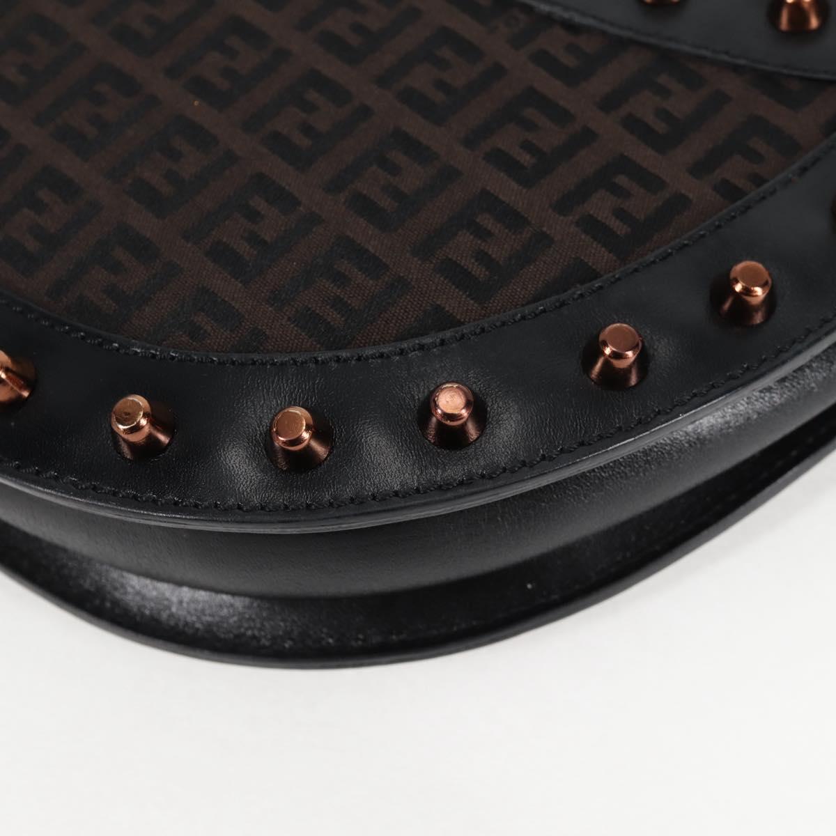 FENDI Zucchino Canvas Chain Shoulder Bag Black Brown Auth 138863V