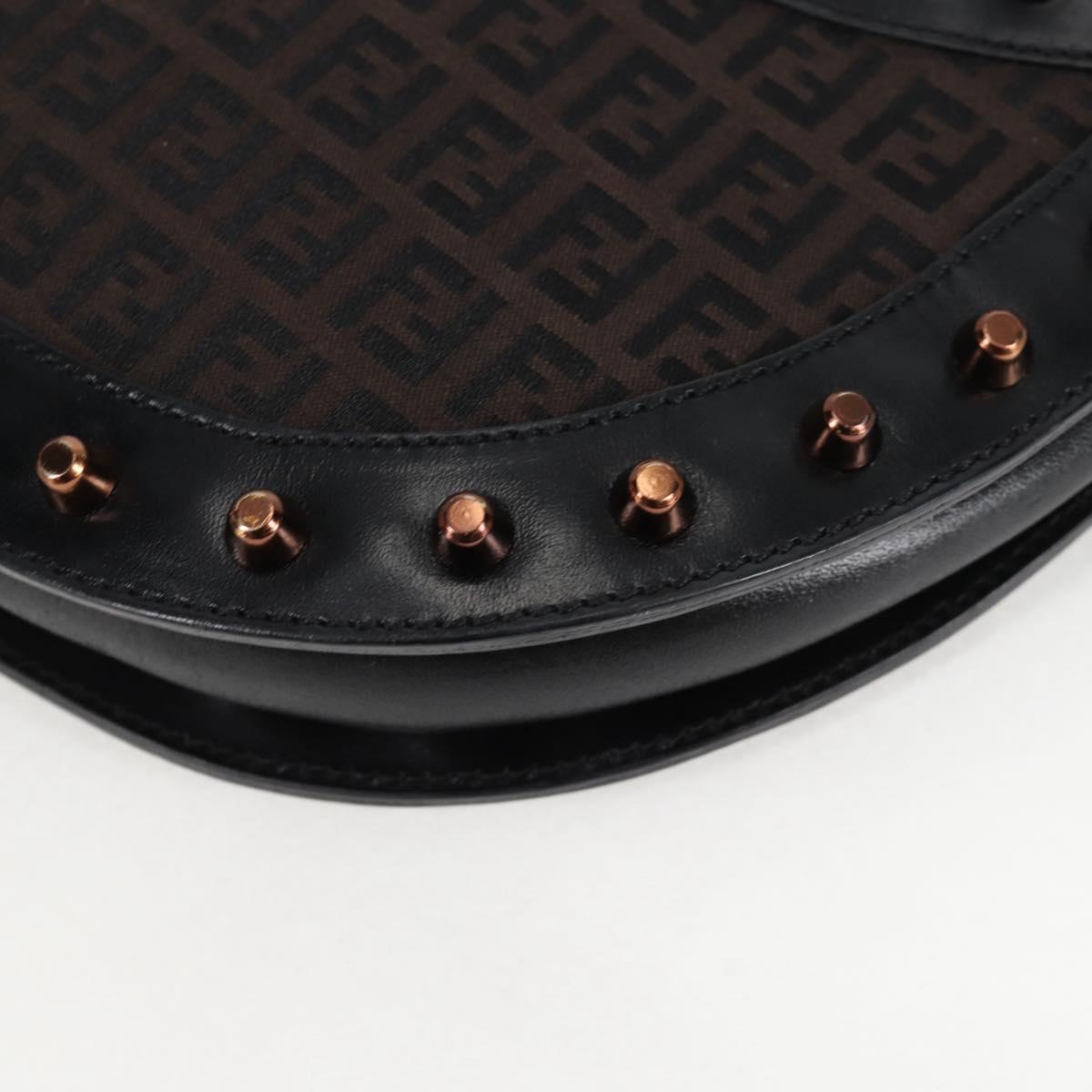 FENDI Zucchino Canvas Chain Shoulder Bag Black Brown Auth 138863V