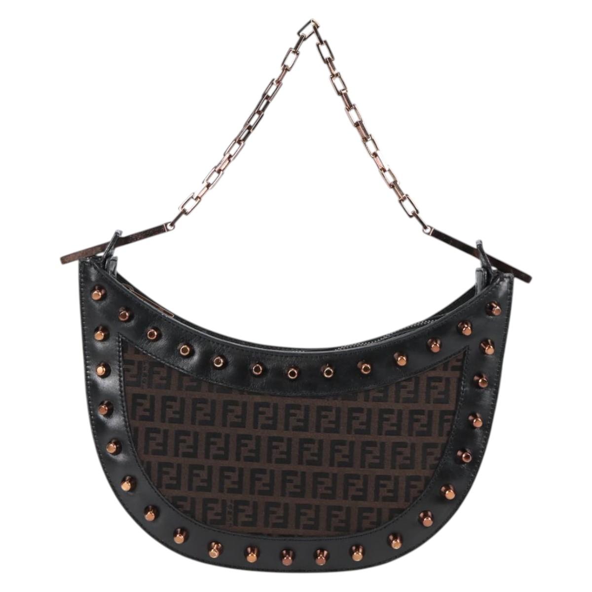FENDI Zucchino Canvas Chain Shoulder Bag Black Brown Auth 138863V