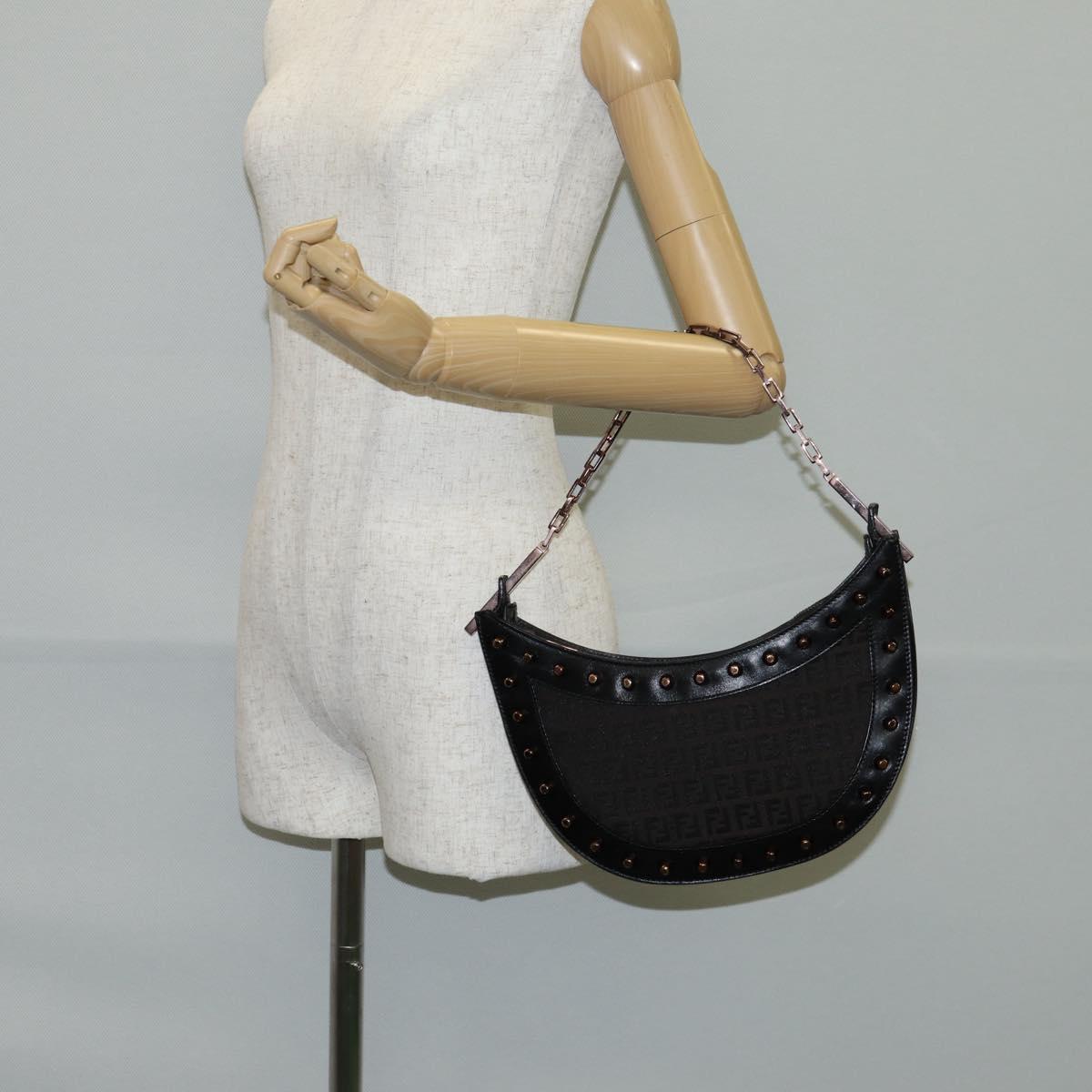 FENDI Zucchino Canvas Chain Shoulder Bag Black Brown Auth 138863V