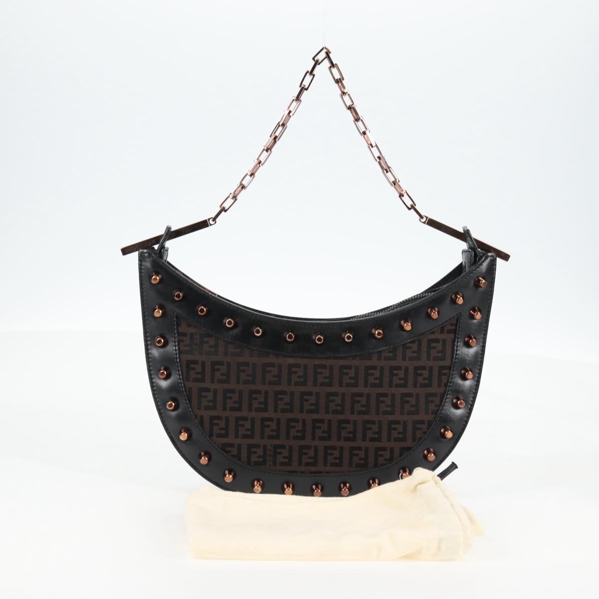 FENDI Zucchino Canvas Chain Shoulder Bag Black Brown Auth 138863V