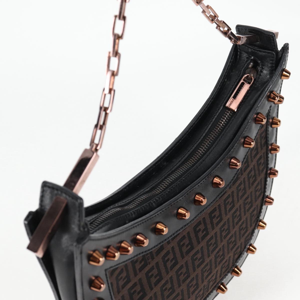 FENDI Zucchino Canvas Chain Shoulder Bag Black Brown Auth 138863V