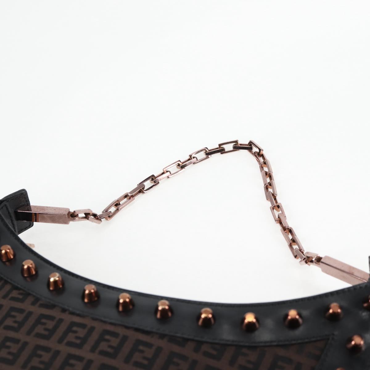FENDI Zucchino Canvas Chain Shoulder Bag Black Brown Auth 138863V