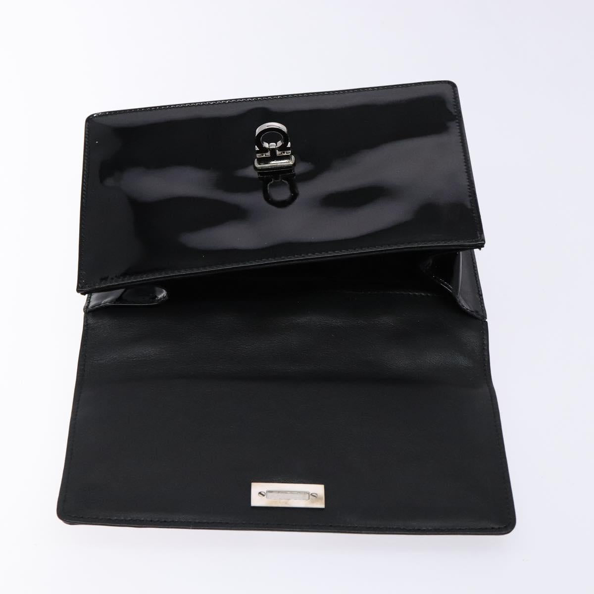Salvatore Ferragamo Chain Gancini Shoulder Bag Enamel Black Silver Auth 138867