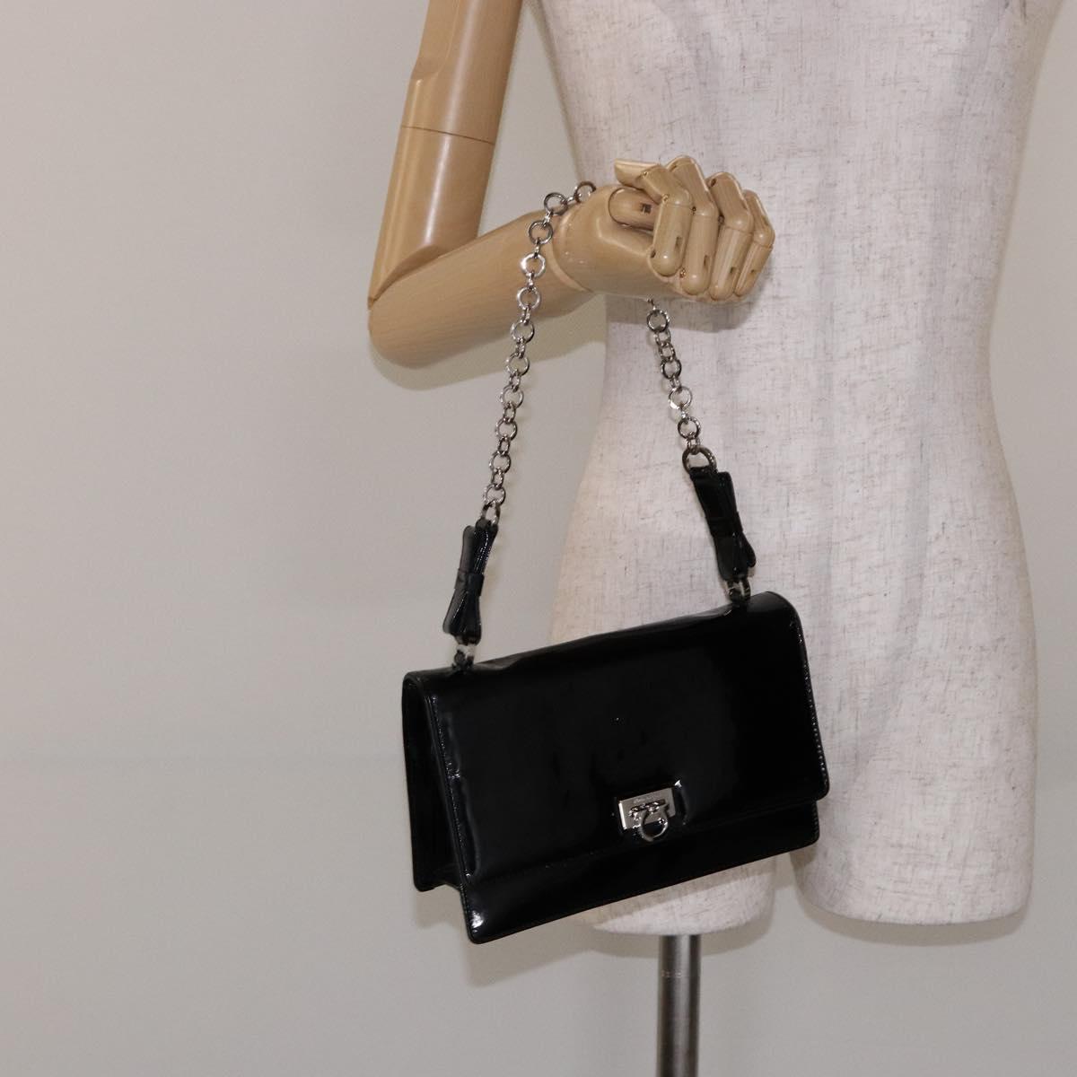 Salvatore Ferragamo Chain Gancini Shoulder Bag Enamel Black Silver Auth 138867