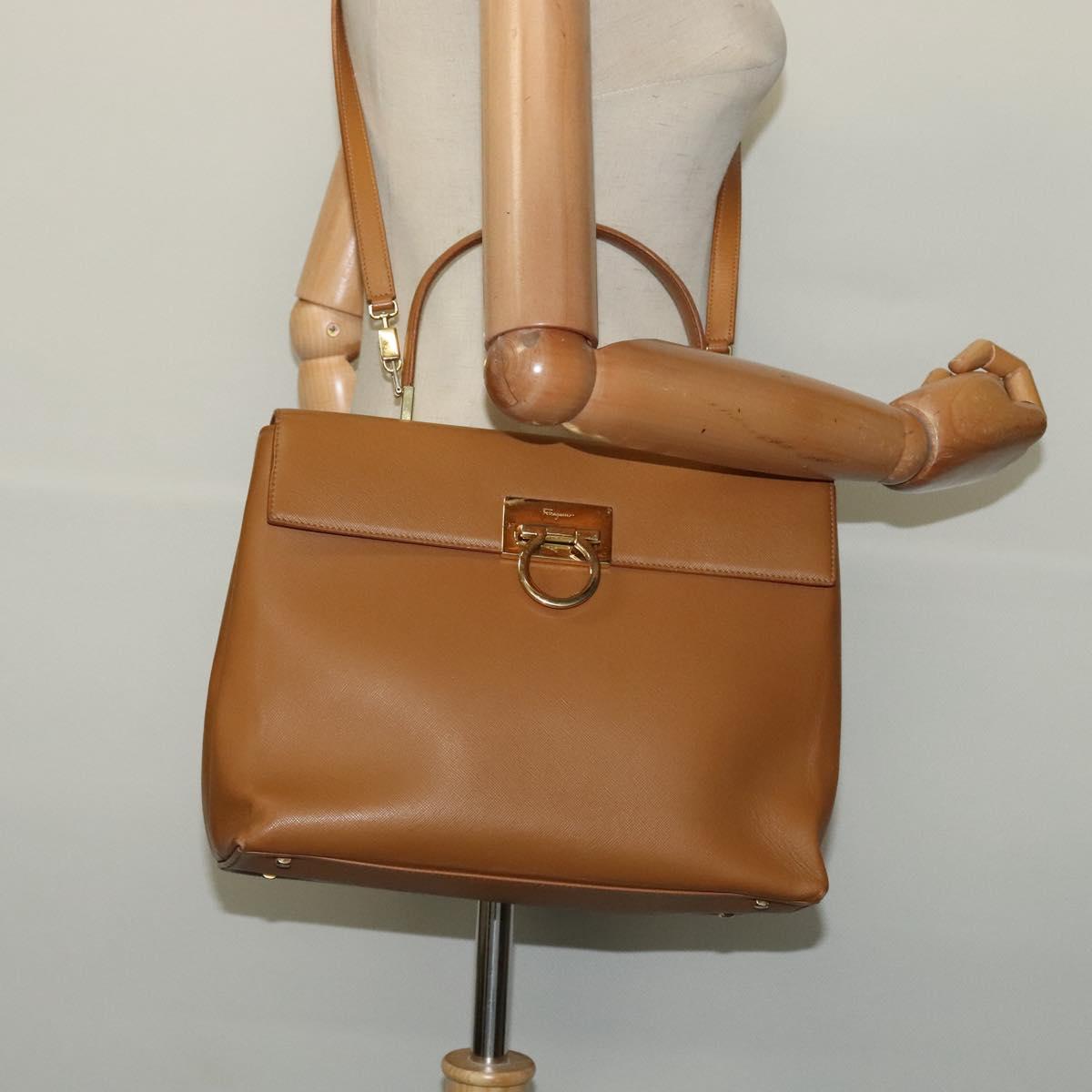 Salvatore Ferragamo Gancini Hand Bag Leather 2way Beige Gold Auth 138870