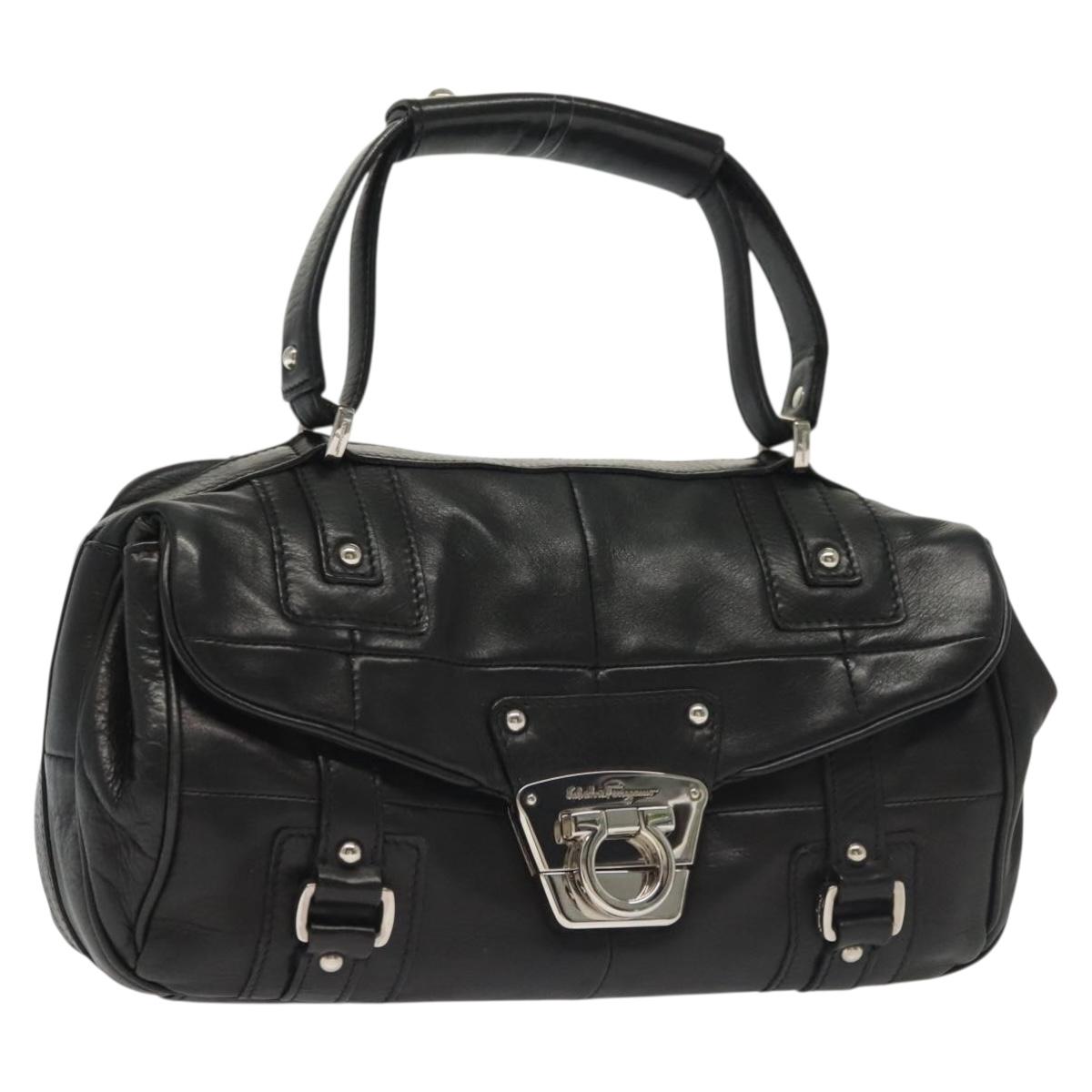 Salvatore Ferragamo Gancini Hand Bag Leather Black Silver Auth 138873